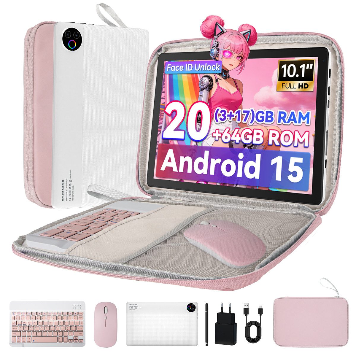 BUFO 10,1 Zoll 20(3+17)GB RAM 64GB ROM, Android 15, HD 1280x800, 5G WiFi Tablet (10,1", BT 5.4, WiFi 6, Dual-Kamera)