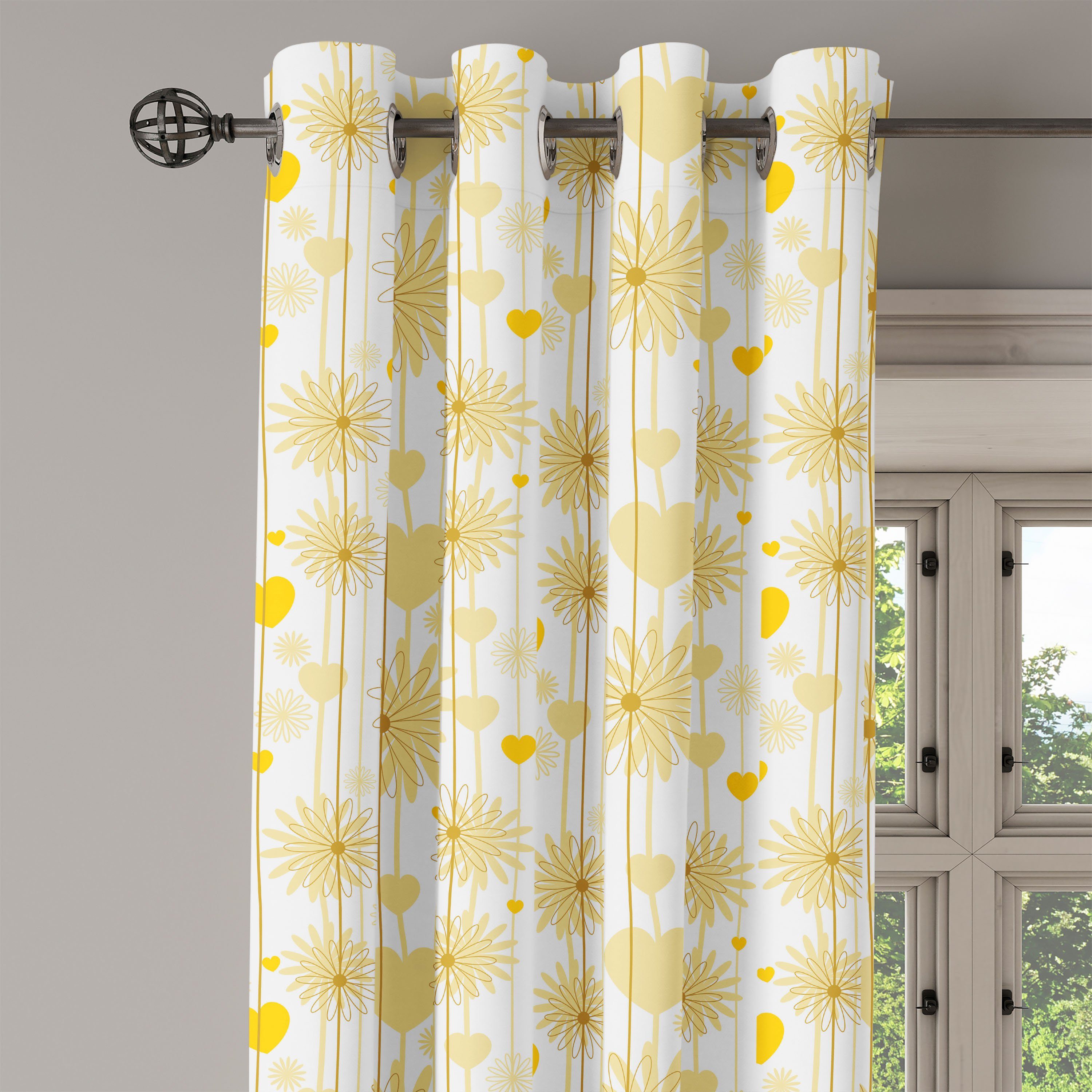 Gardine Floral Wohnzimmer, Valentines Abakuhaus, Dekorative Gelb für Schlafzimmer 2-Panel-Fenstervorhänge Design
