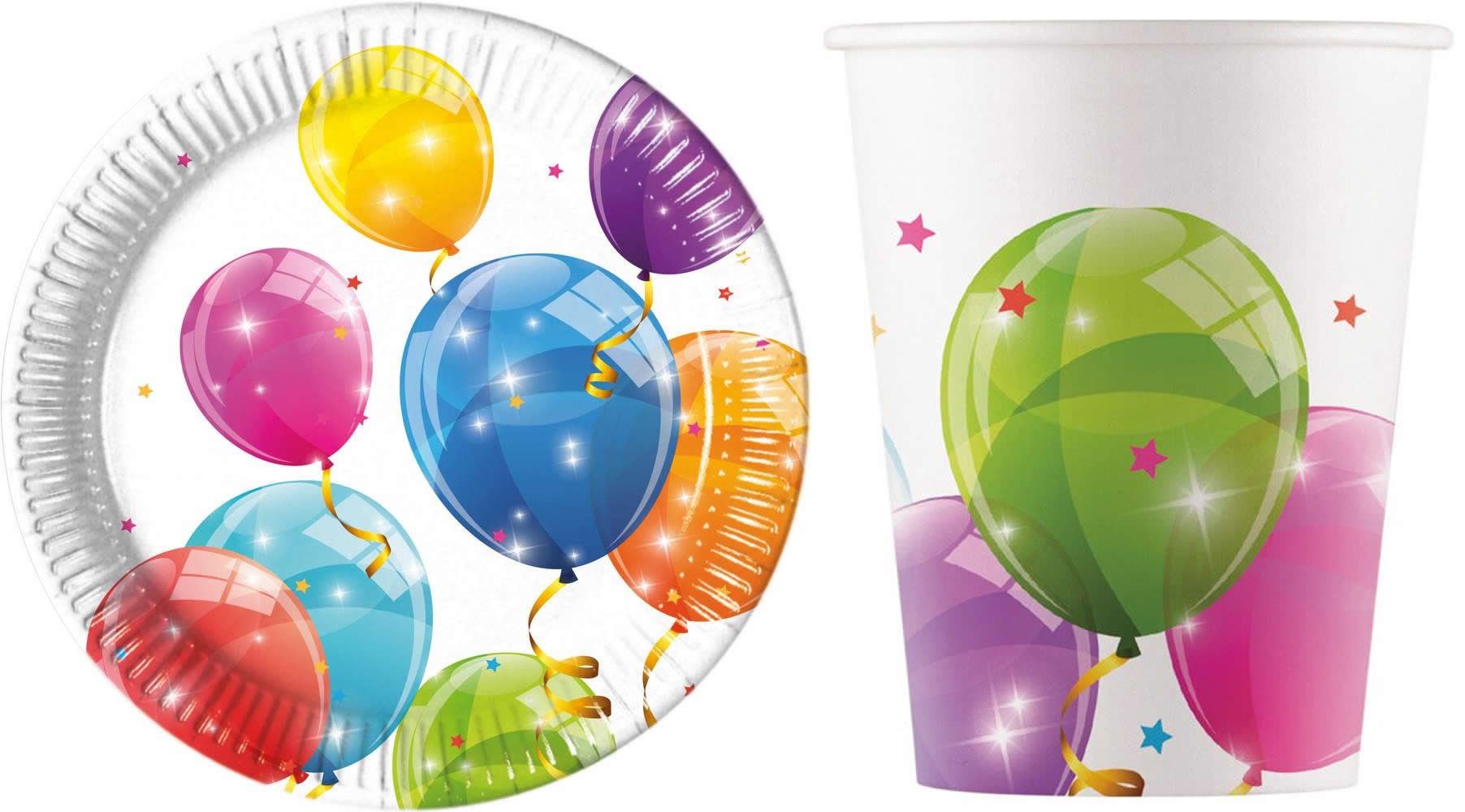 Procos Einweggeschirr-Set 16-tlg Set Kindergeburtstag Party Feier Deko Motto Luftballon glänzend (16-tlg), 8 Personen, Pappe | Einweggeschirr-Sets