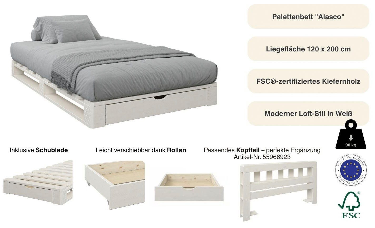 OTTO home Palettenbett "ALASCO " Mit Schublade, zertifiziertes Massivholz, erweiterbar zum Doppel- oder Familienbett