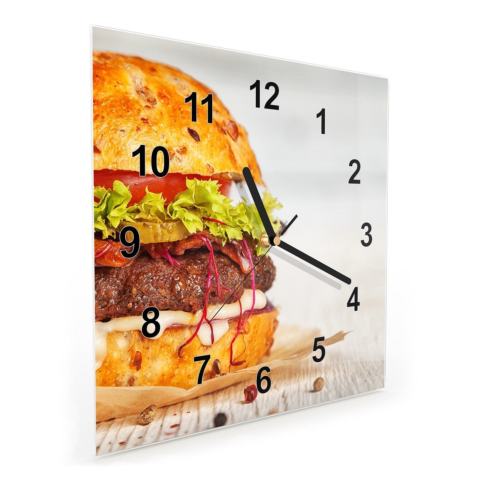Primedeco Wanduhr x Wandkunst Burger Glasuhr schön 30 Größe mit platziert 30 cm Motiv Wanduhr