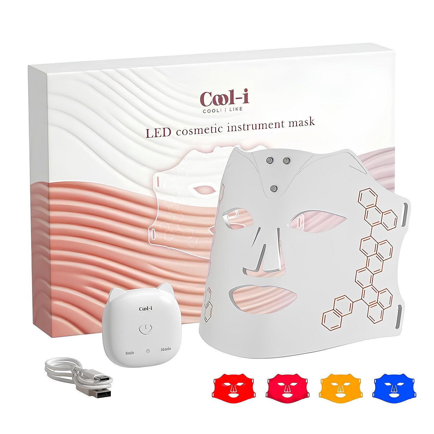 COOL-i ® Kosmetikbehandlungsgerät Kabellose LED-Gesichtsmaske – Lichttherapie mit 4 Farben, FDA/HSA, Infrarot