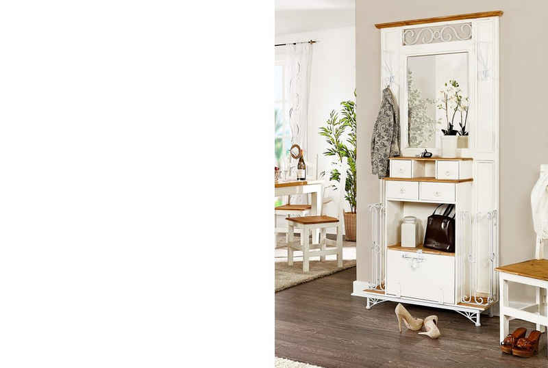 1a Direktimport Kompaktgarderobe Landhausstil Garderobe mit Spiegel - Pinie weiß natur Massivholz