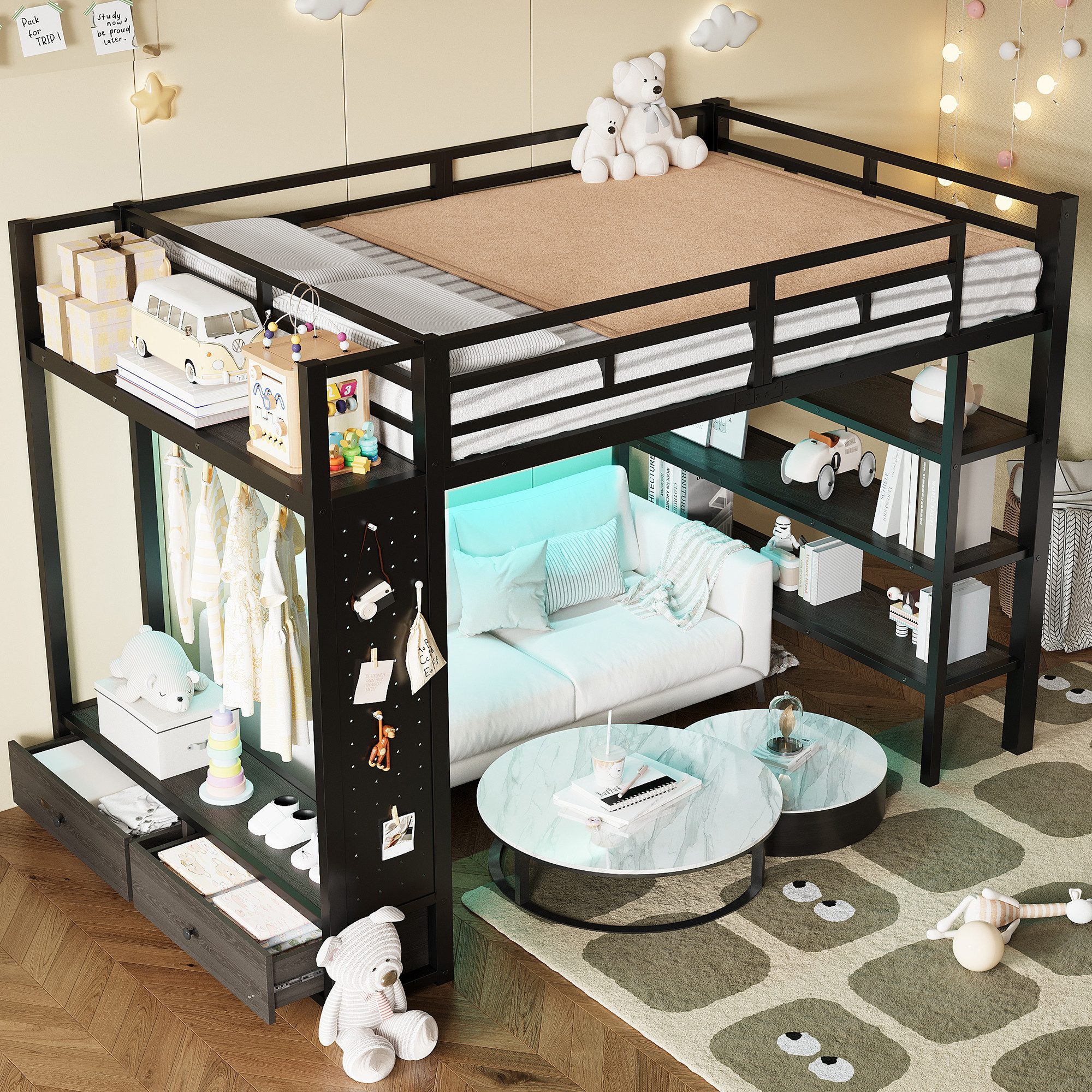 Merax Hochbett 140x200cm mit LED-Beleuchtung (Jugendbett Metallbett Loftbett, 1-St) Kinderbett mit offenem Kleiderschrank,Ablagefächern,Lochwand,Stauraum – Bild 4 von 5