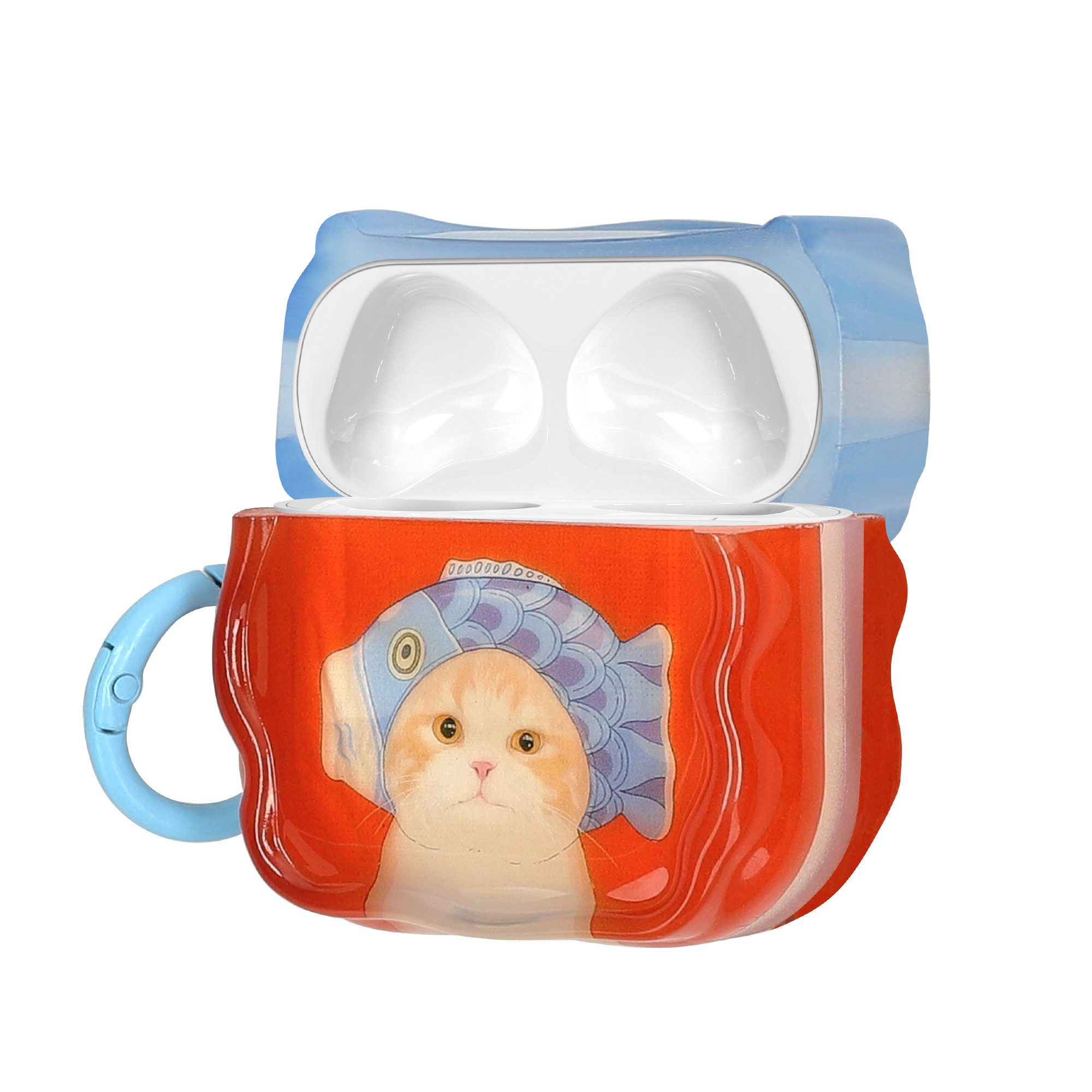 kwmobile Kopfhörer-Schutzhülle In-Ear Kopfhörer Case für Apple Airpods 4, Hülle mit Karabiner - Headphones Case - Katze mit Fischhut Design