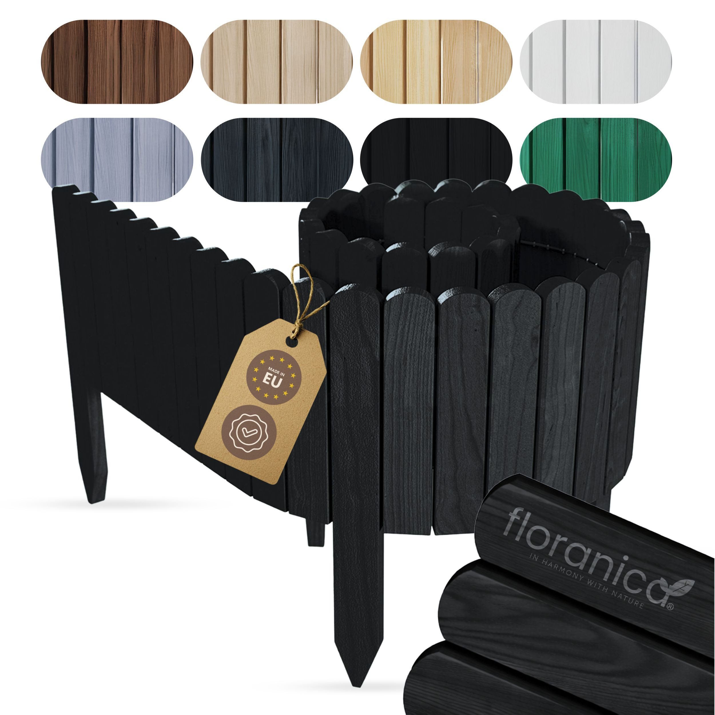 Floranica Palisade Beeteinfassung Beetumrandung Rasenkante Umrandung Flexibler Rollborder, LxH: 200x10 cm, Schwarz, Dekozaun Holzzaun Umzäunung Blumenbeeten Garten Beeten Kräutergarten