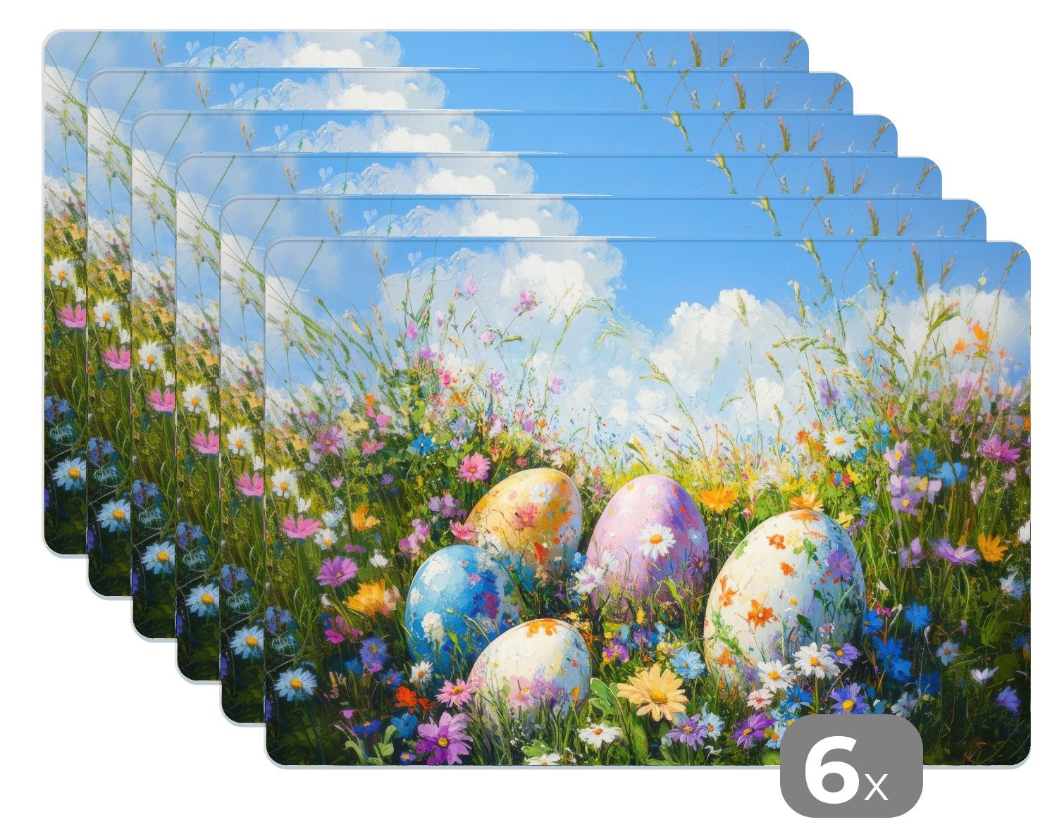 MuchoWow Platzset Rasen - Eier - Blumen - Ostern Deko, (6-St), Platzsets, Tischset, Abwaschbar, Tischsets, Platzdeckchen