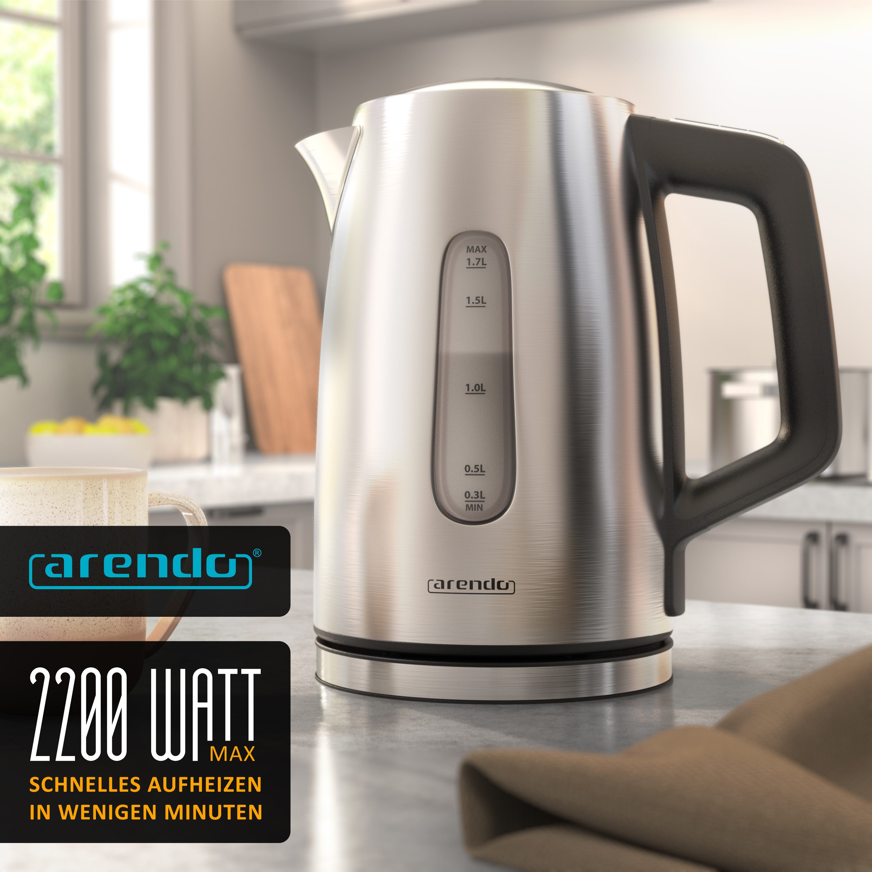 Arendo Wasserkocher Edelstahl, mit Temperatureinstellung, LED Display, Warmhaltefunktion, 1,7 l, 2200 W, Edelstahl, Temperaturwahl 35°C - 100°C, Sichtfenster für Wasserskala