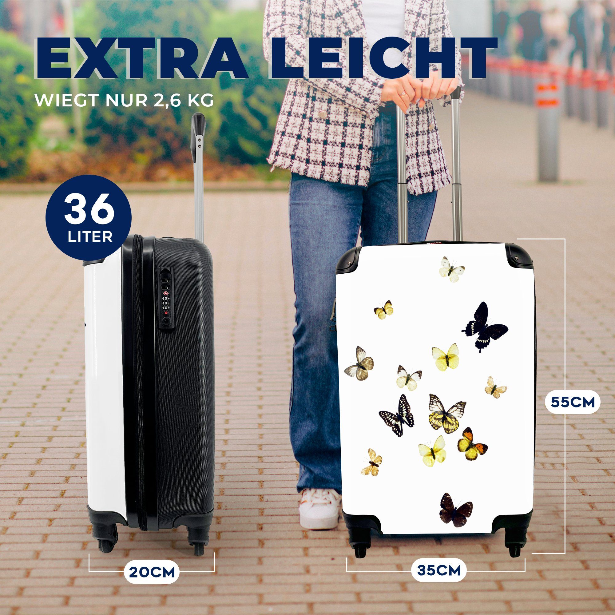 Trolley, Rollen, rollen, Ferien, weißem Hintergrund, mit Schmetterlinge auf Reisekoffer für MuchoWow Handgepäckkoffer 4 Reisetasche Handgepäck