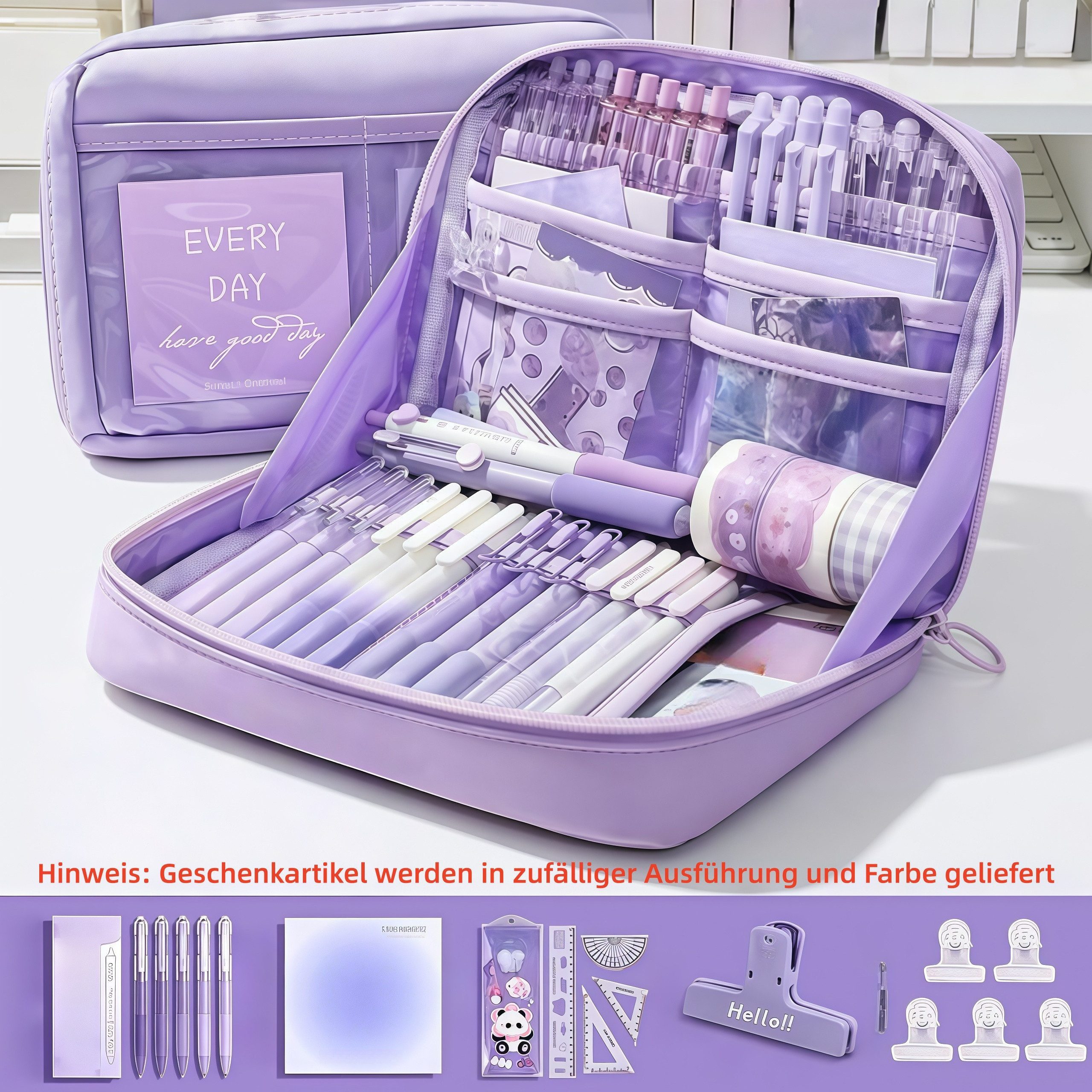 FOUORTUNATE-BEE Federmäppchen 12-teiliges lila Schreibwaren-Set – ideales Geschenk zum Schulstart, Lernset für Schule und Büro – komplette Ausstattung für den Alltag