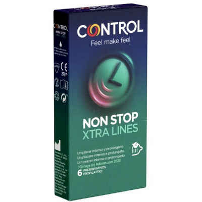 Control Kondome Non Stop (Xtra Lines) Packung mit, 6 St., Kondome die das Liebesspiel verlängern, anatomische & gerippte Kondome für längere Liebe