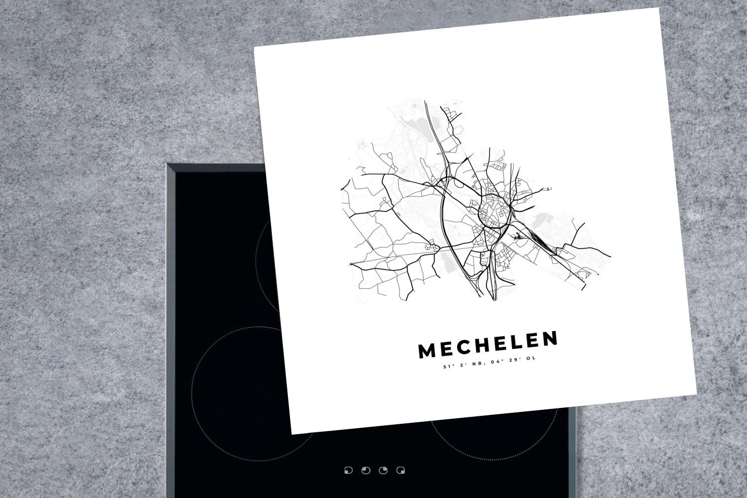tlg), (1 - Ceranfeldabdeckung, weiß - Vinyl, Schwarz Belgien küche - MuchoWow und - - Mechelen Herdblende-/Abdeckplatte Karte, 78x78 cm, für Stadtplan Karte Arbeitsplatte