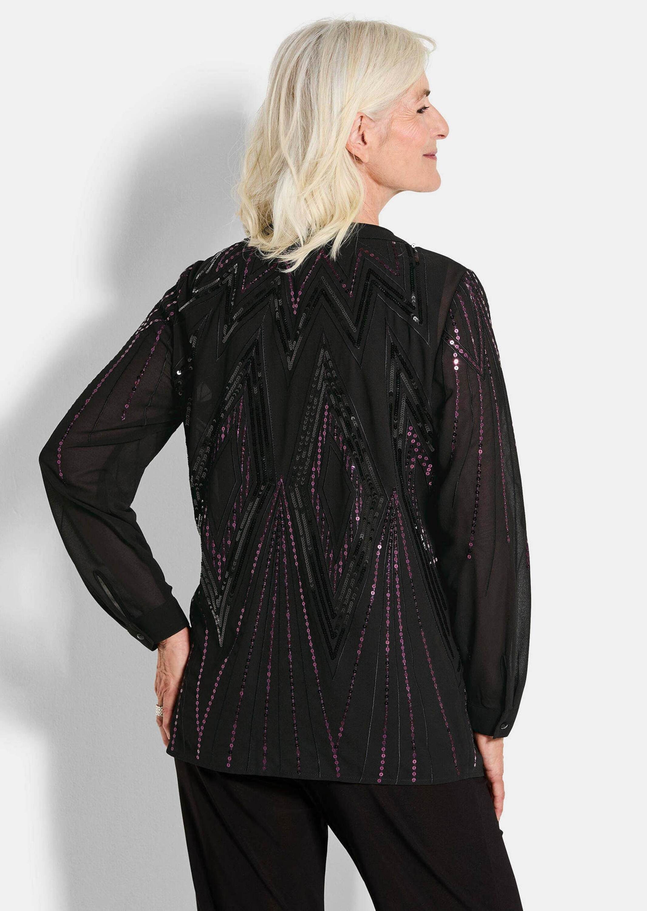 GOLDNER Chiffonbluse Edle Pailletten-Jacke mit V-Ausschnitt Blusenjacke mit grafischem Muster, Häkchenverschluss und Langarm