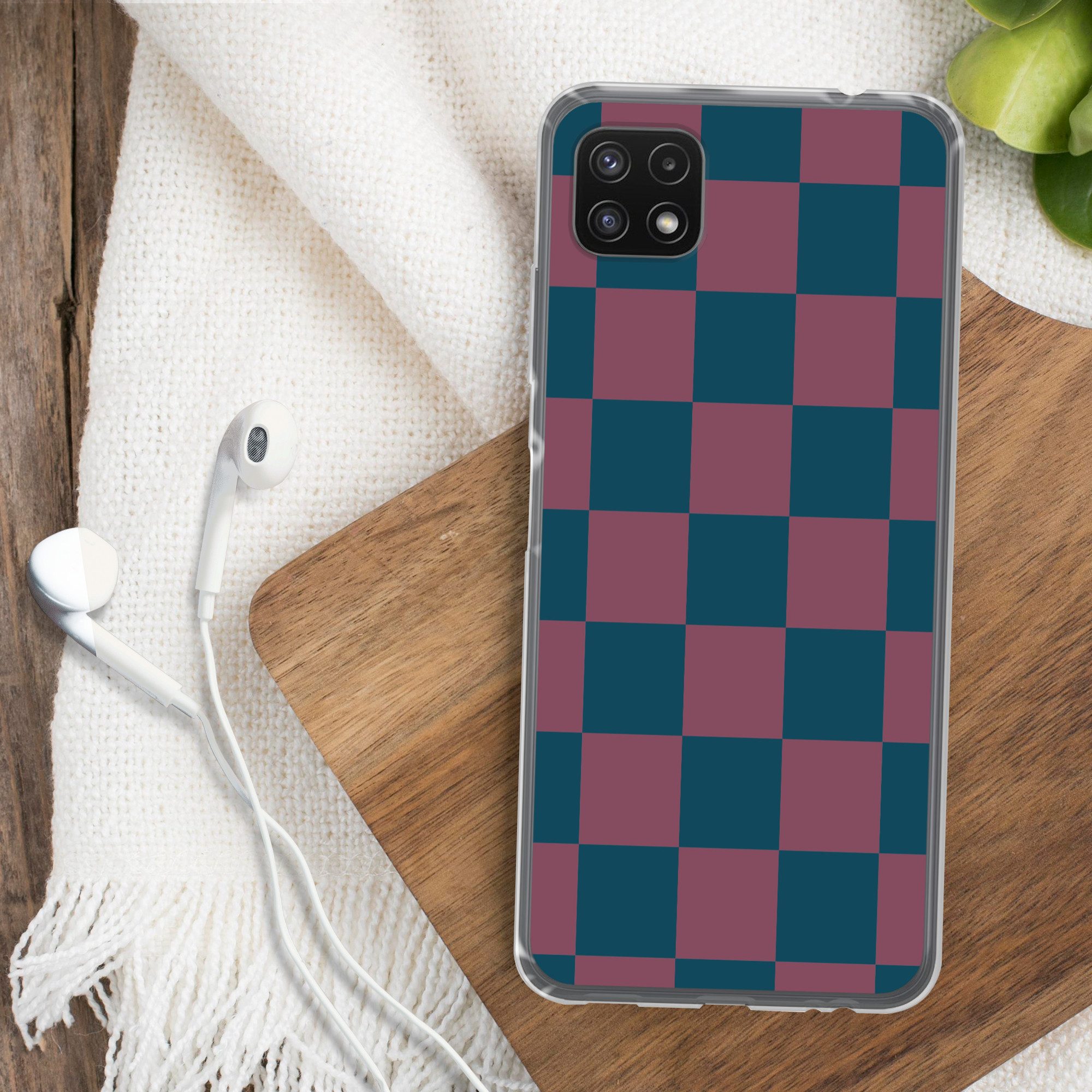 MuchoWow Handyhülle für Samsung Galaxy A22 5G Schachbrett Druck - Blau - Rot - Würfel, Smartphone-Bumper, Print, Handy Schutzhülle Dünn
