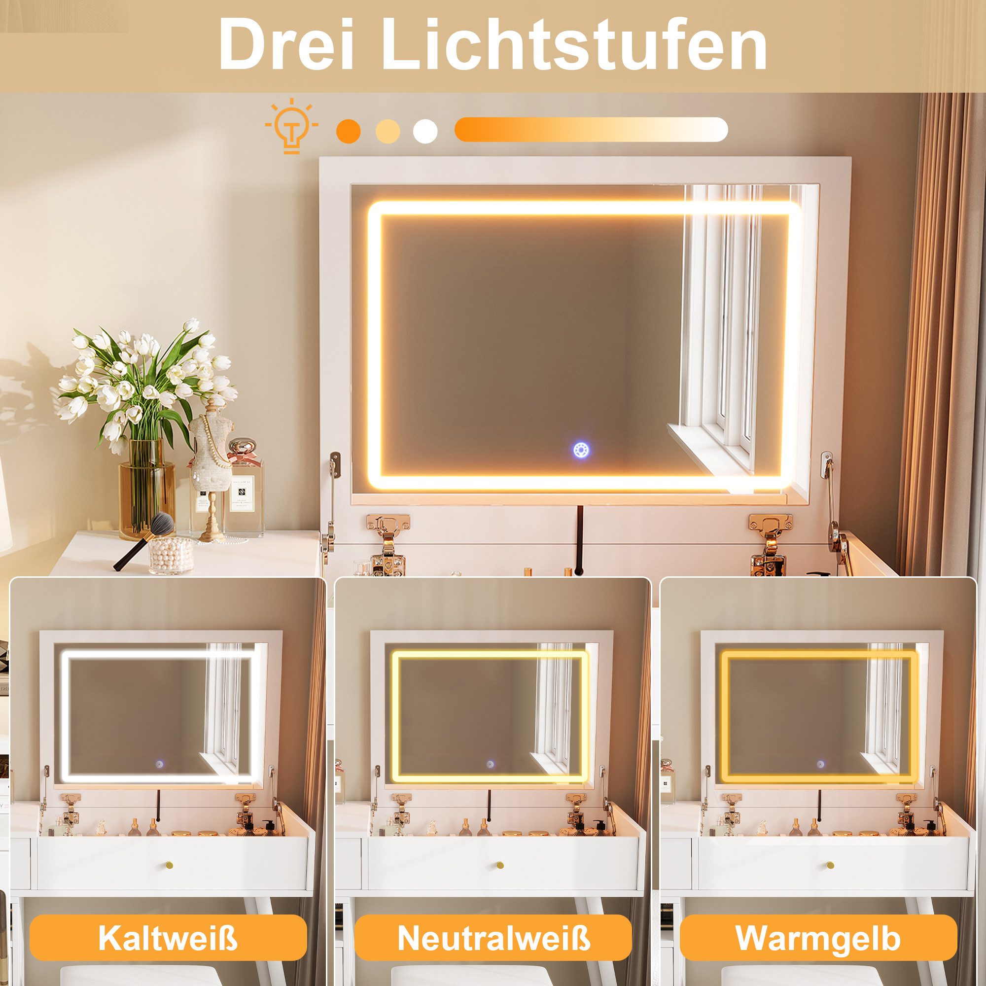 i@home Schminktisch mit Hocker (Kosmetiktisch-Set mit Hocker und LED Spiegel), LED Spiegel, 3-farbige LED-Beleuchtung, 120*77,5*50cm,weiß/braun