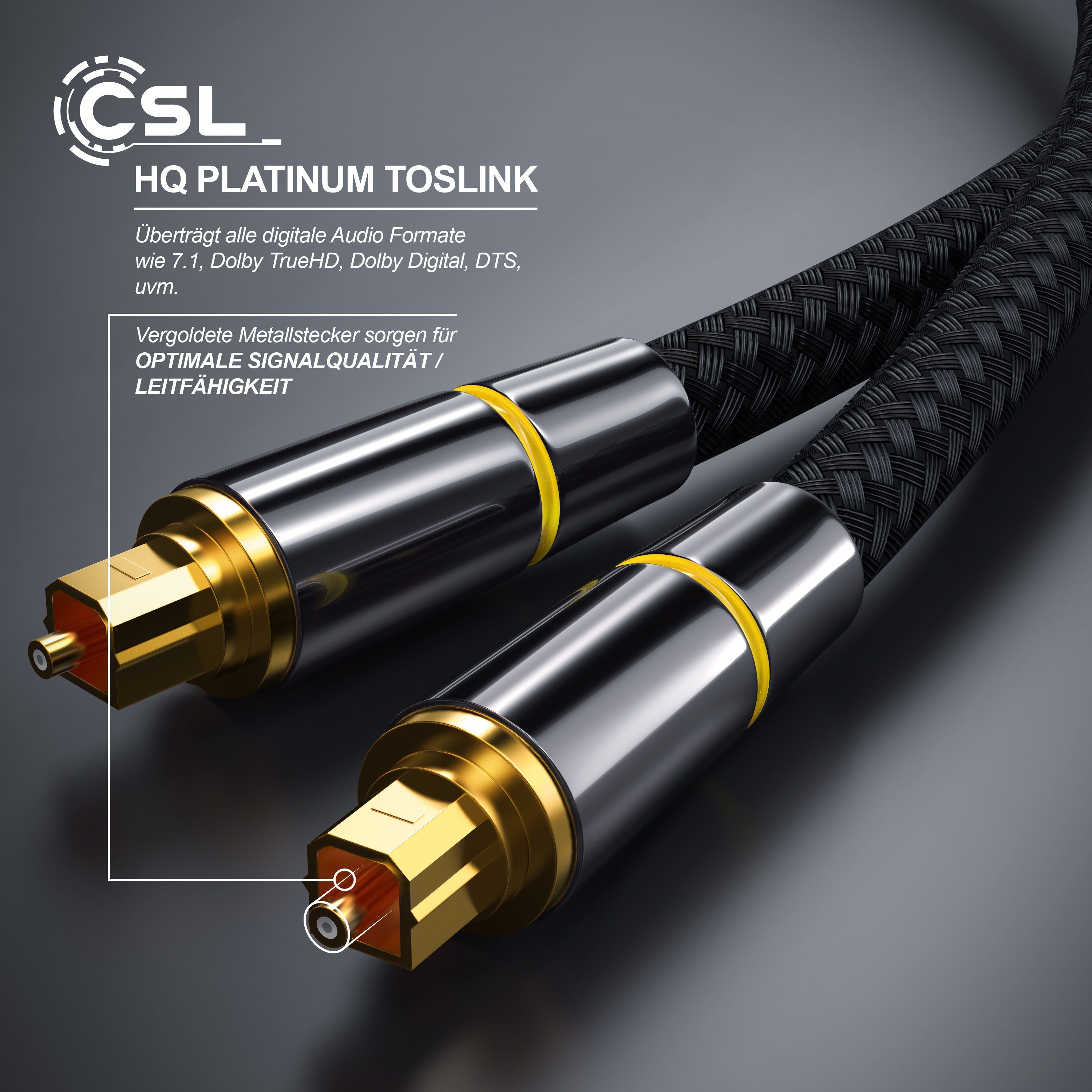 CSL Optisches-Kabel, S/PDIF, Toslink (300 cm), Metallstecker, Nylonmantel, Lichtwellenleiter, Audiokabel - 3m