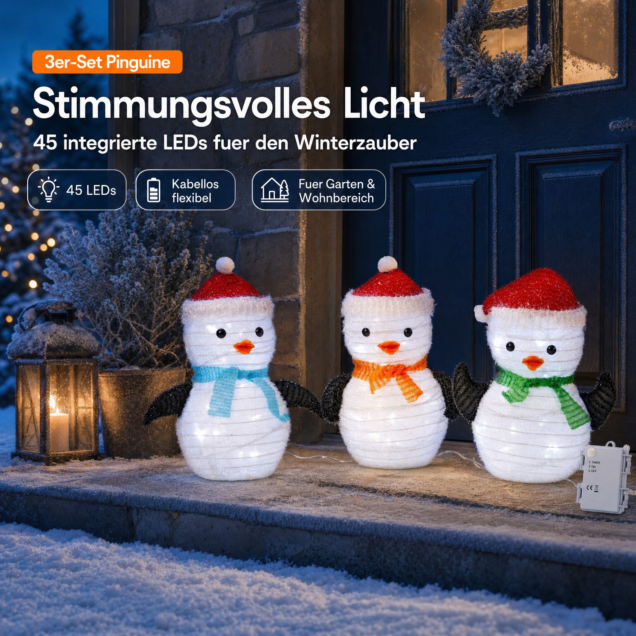 Northpoint Weihnachtsfigur LED Weihnachtsfiguren mit integriertem Timer 3er Set Pinguin, zusammenfaltbar für Innen und Außen Gartendekoration Winterdekoration – Bild 3 von 5