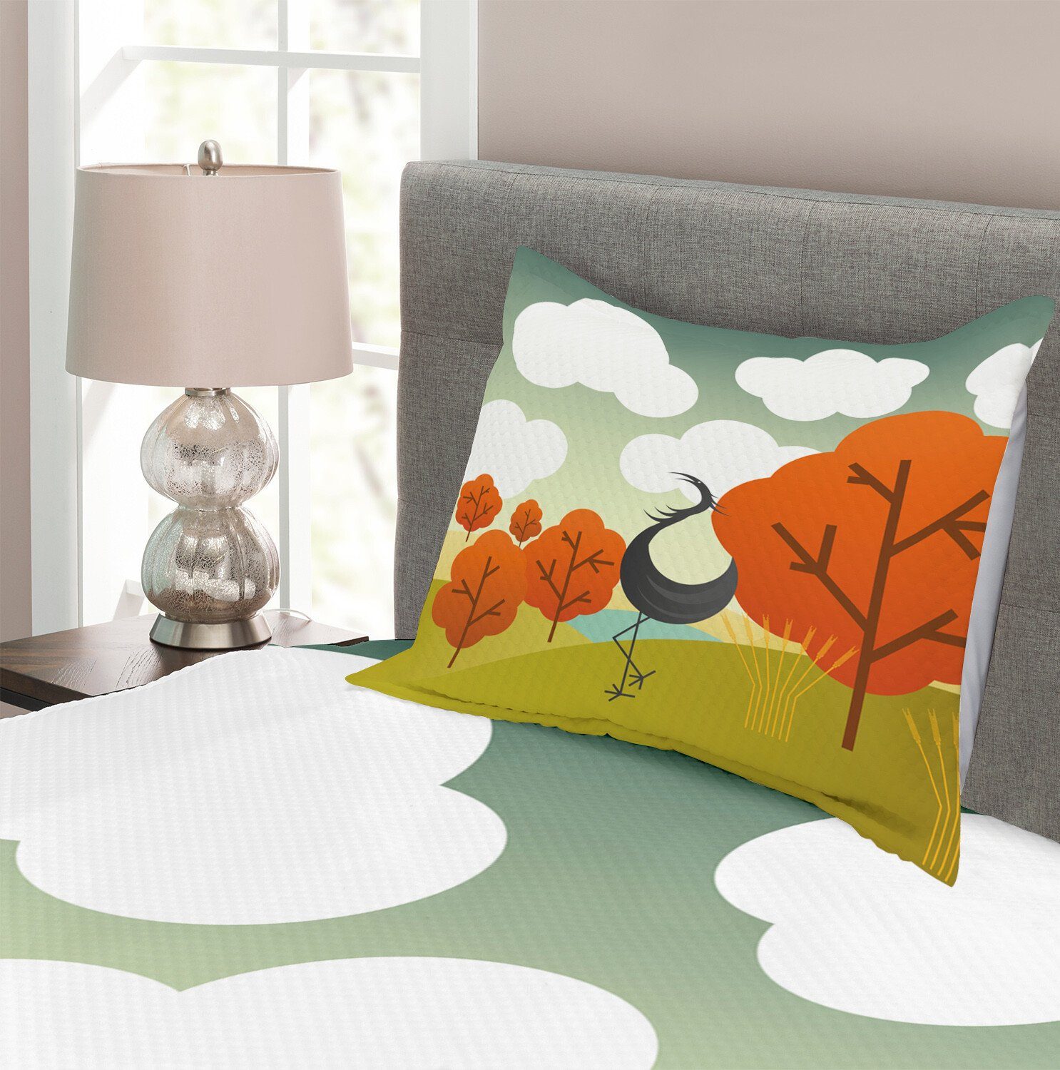 Tagesdecke Set Kissenbezügen Vogel Abstrakt Wolke und mit Kran Abakuhaus, Waschbar, Bäume