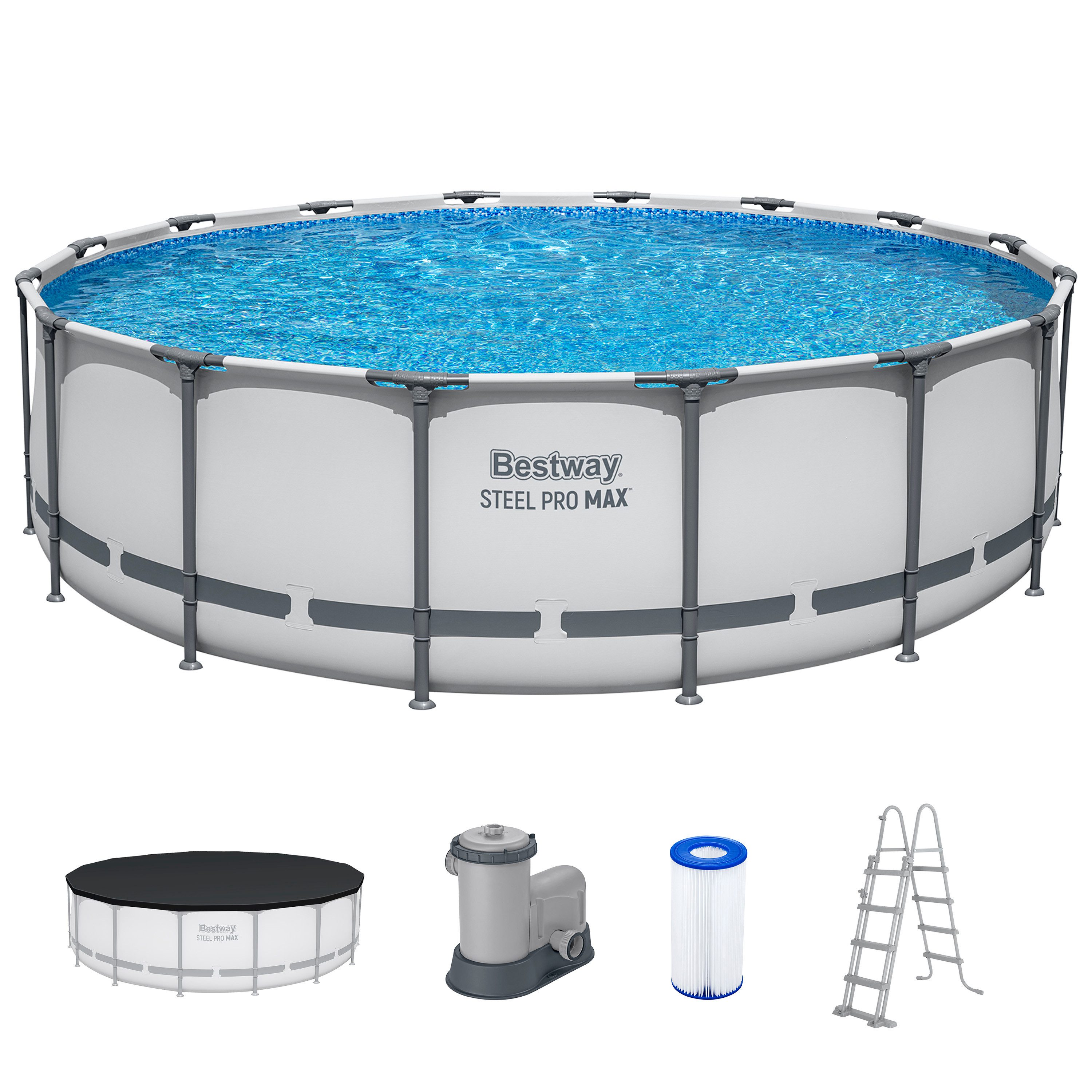 Bestway Framepool Steel Pro MAX™ (Set, Inkl. Filterpumpe, Sicherheitsleiter, Abdeckplane), Ø 488 x 122 cm
