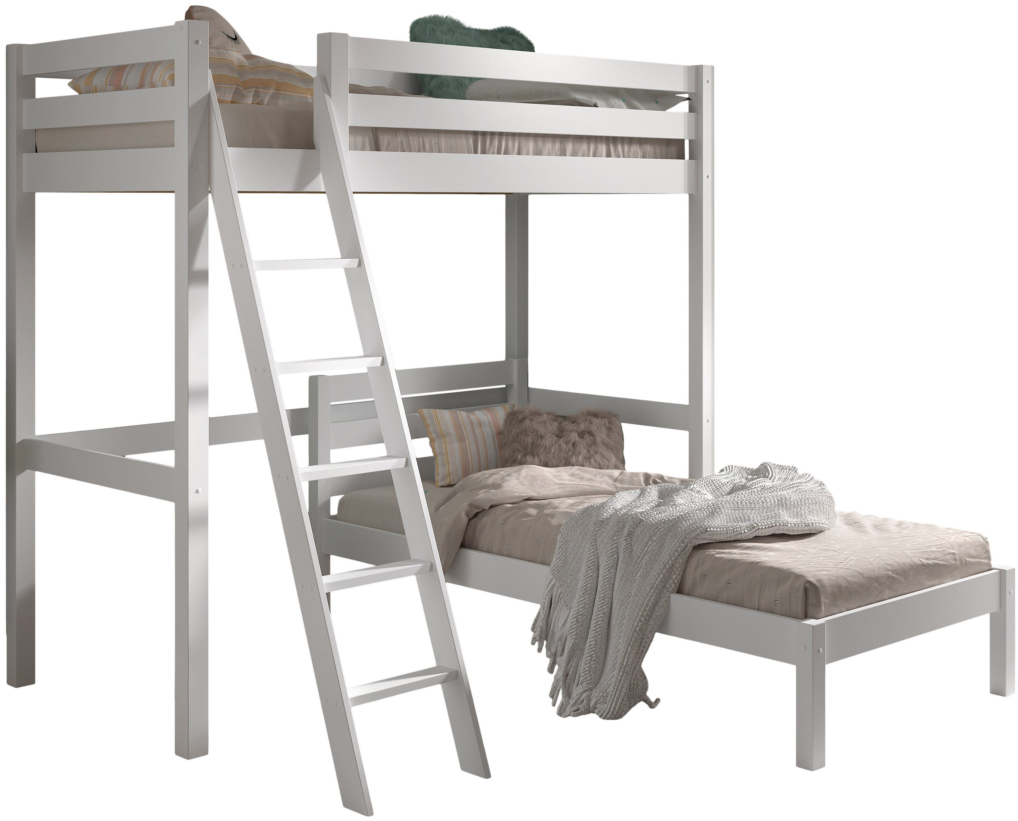 Vipack Hochbett mit 2 Liegeflächen 90/200 Made in Europe, Kiefer massiv weiß lackiert (B/H/T ca.209x190x211cm) Leiter schräg angestellt, stabil gebaut) Raum unter dem Bett kann genutzt werden, Einzelbett separt stellbar