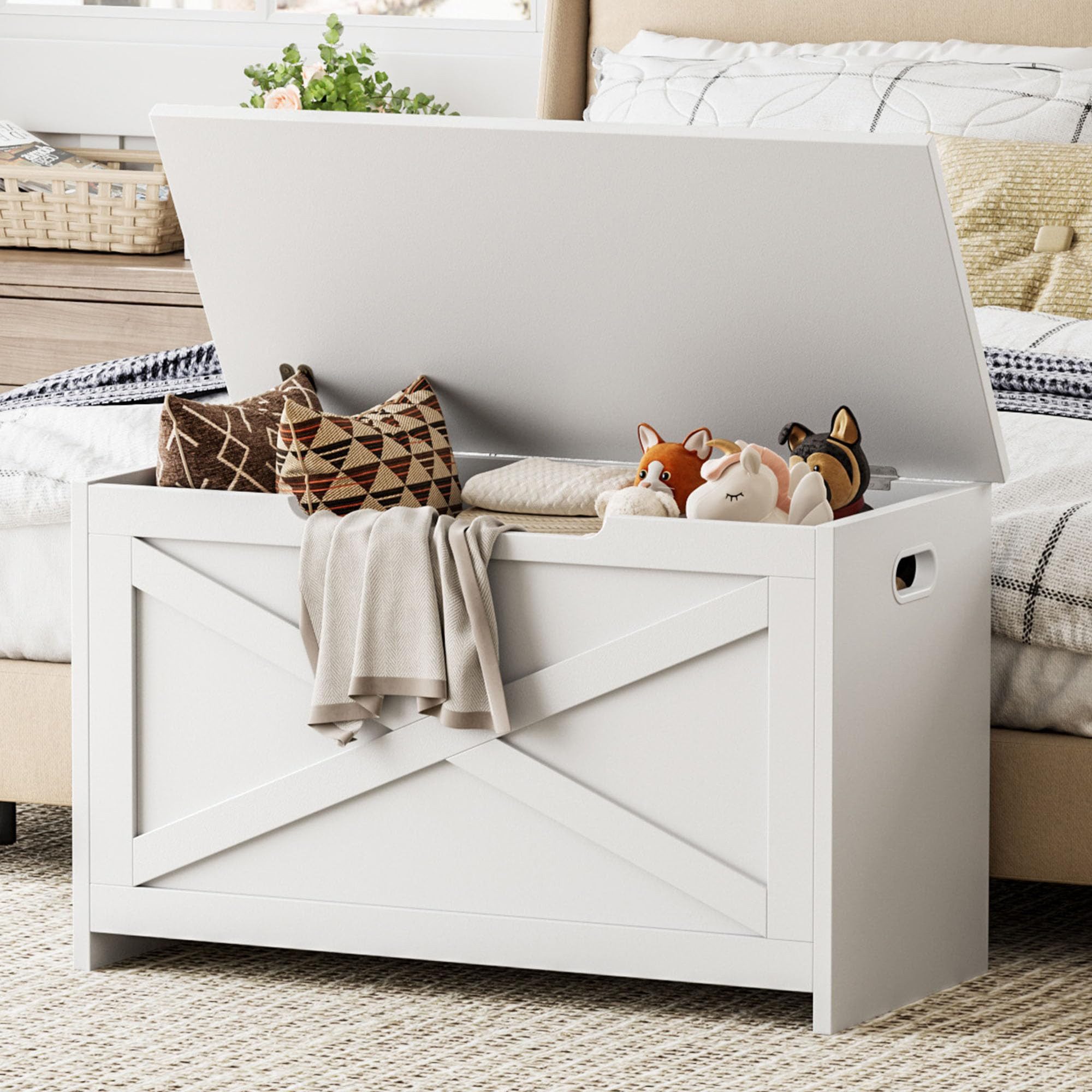 GarveeMore Sitztruhe Aufbewahrungsbox, Sicherheitsscharnier, seitliche Griffe, 75x40x45 cm, 136 kg Traglast, braun/rosa/weiß/grau