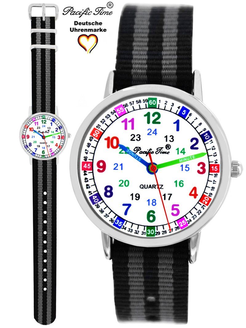 Time und Mix Match Kinder Quarzuhr blau Gratis gestreift schwarz Reflektor und Pacific Design - Versand Armbanduhr Lernuhr grau Wechselarmband, Set