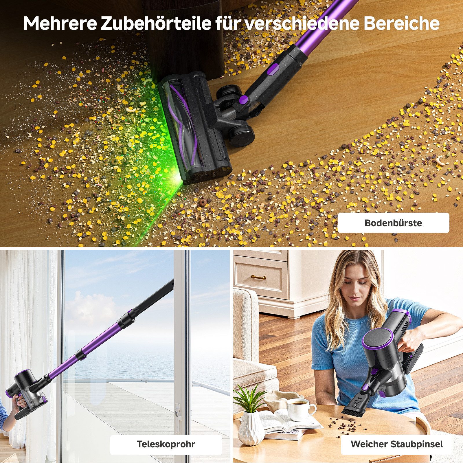 lubluelu Akku-Hand-und Stielstaubsauger P4 kabellos 50 Minuten Laufzeit Akkustaubsauger mit Geen LED, 150 W, beutellos, 30 kPa / Staubentleerung mit einem Klick