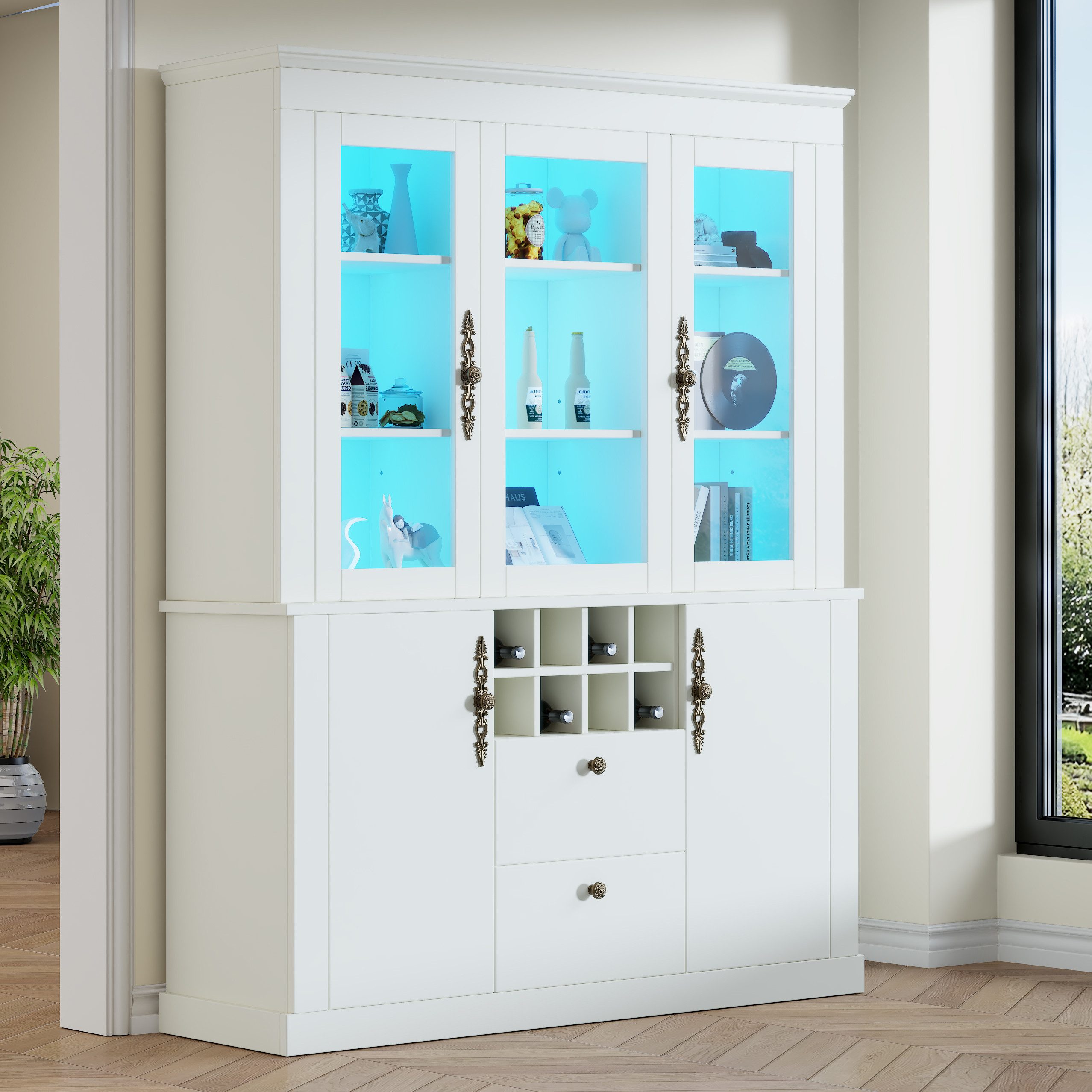 Merax Standvitrine Vitrine mit LED und Weinregal (Standregal Schrank, 1-St) Wohnzimmerschrank mit Glas, 4 Türen & 2 Schubladen, 130x37,5x170,5cm