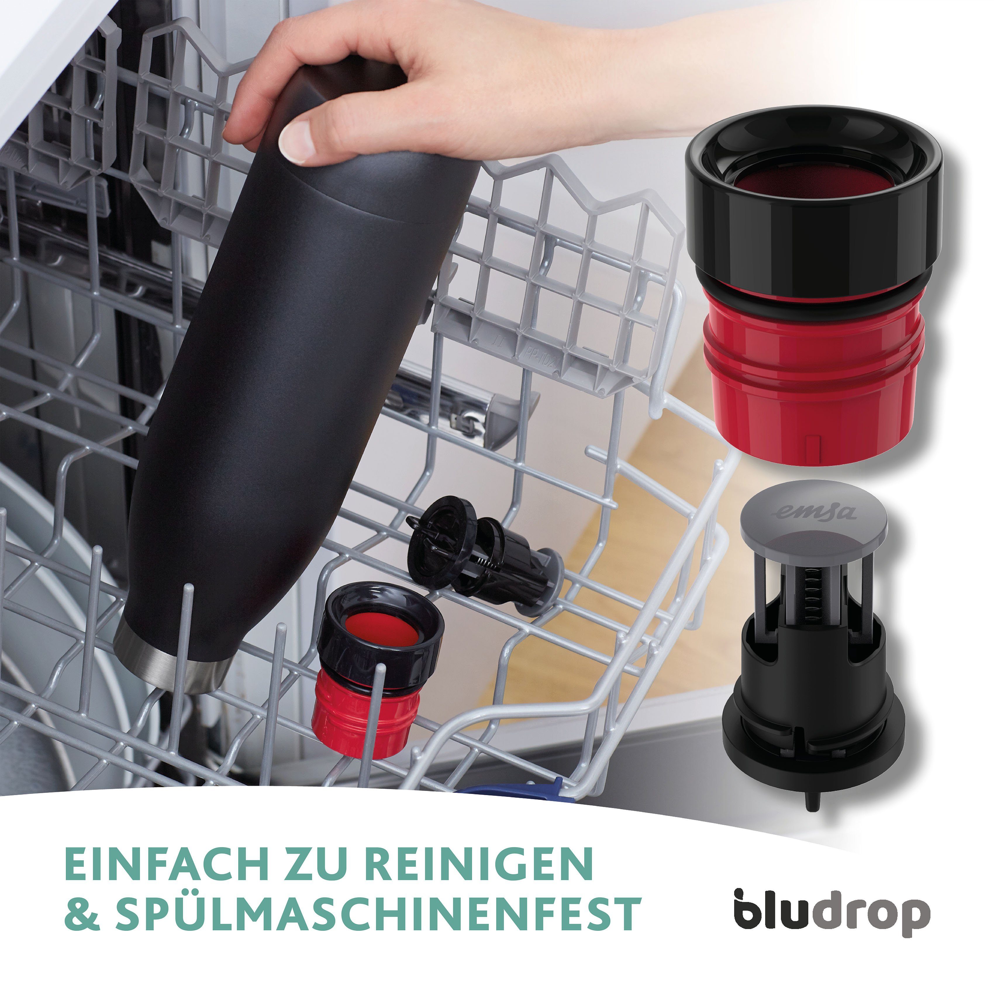 Bludrop Edelstahl, Quick-Press Emsa Deckel, spülmaschinenfest Trinkflasche 12h Color, schwarz warm/24h kühl,