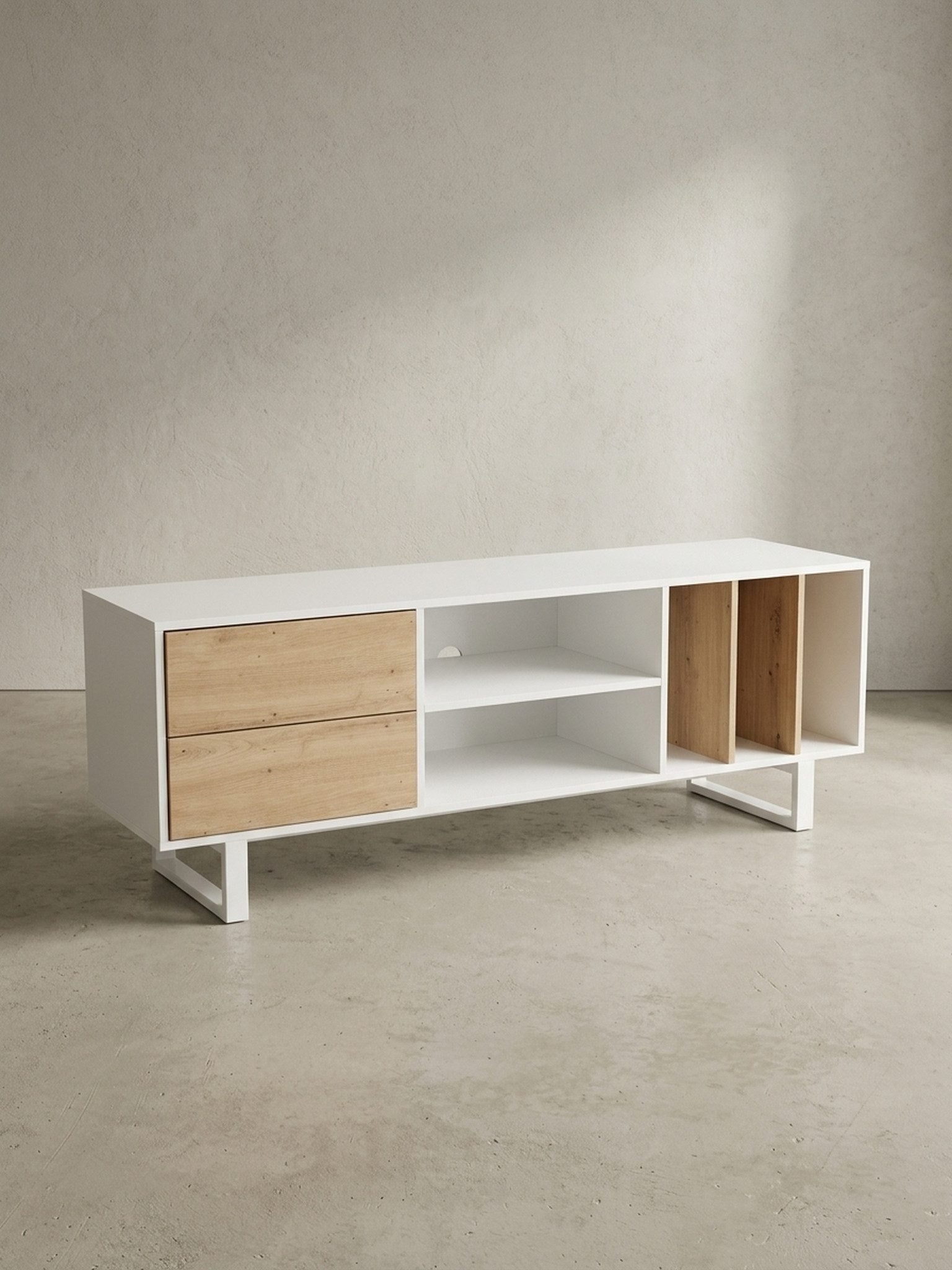 KADIMA DESIGN Lowboard Lowboard Weiß mit Eiche-Dekor 150x55x40 cm TV-Kommode Modern, Design (Fernsehkommode Wohnzimmer), TV-Schrank Hoch, Fernsehtisch Fernsehschrank mit Schubladen & Regal