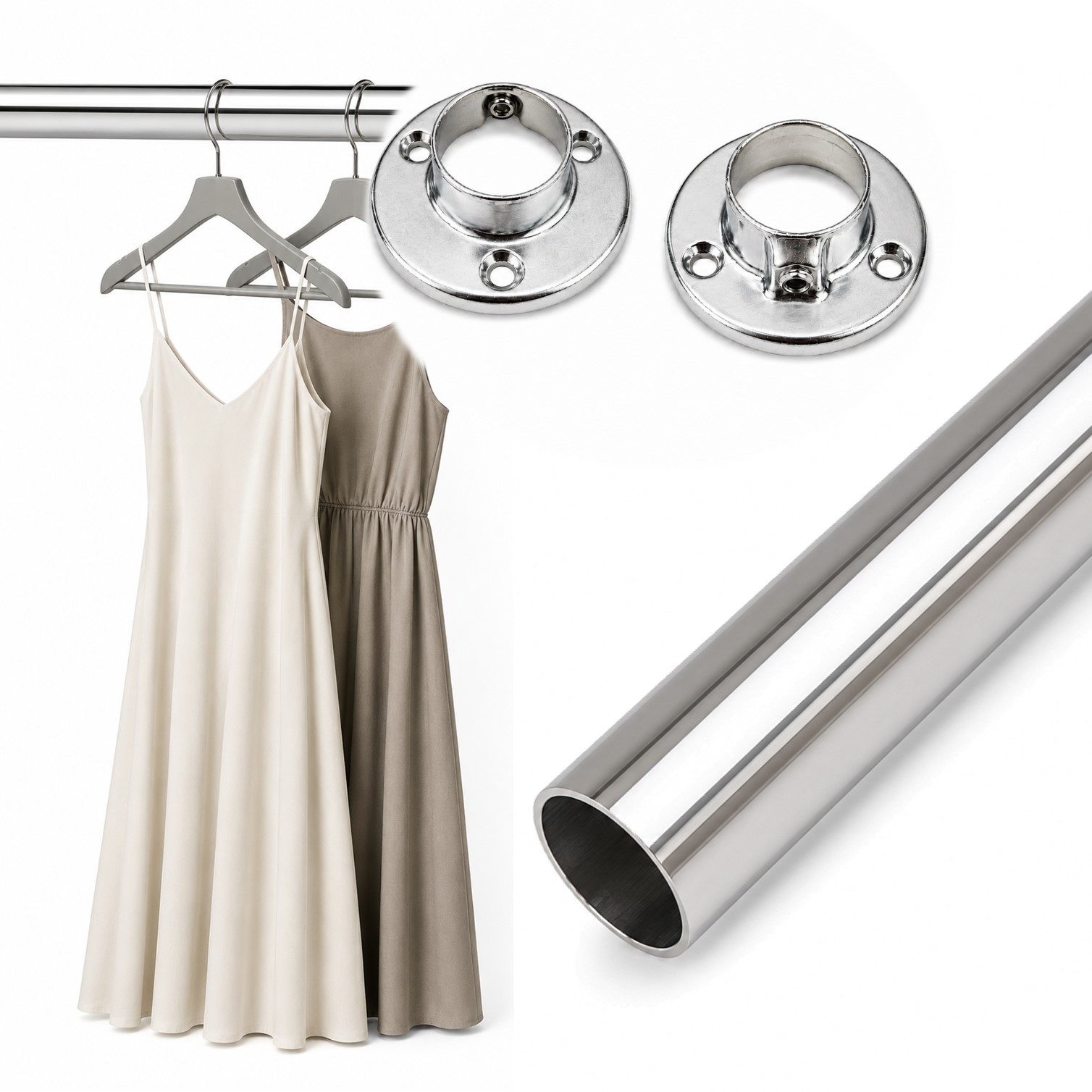 HOOZ Kleiderstange Schrankrohr Rund Ø 24 mm Stahl inkl. Halter Silber 1er Set 80cm (Set, 1 St., 1 Garderobenstange inkl. 2 Halter), Innensechskant-Madenschraube zur sicheren Rohrfixierung