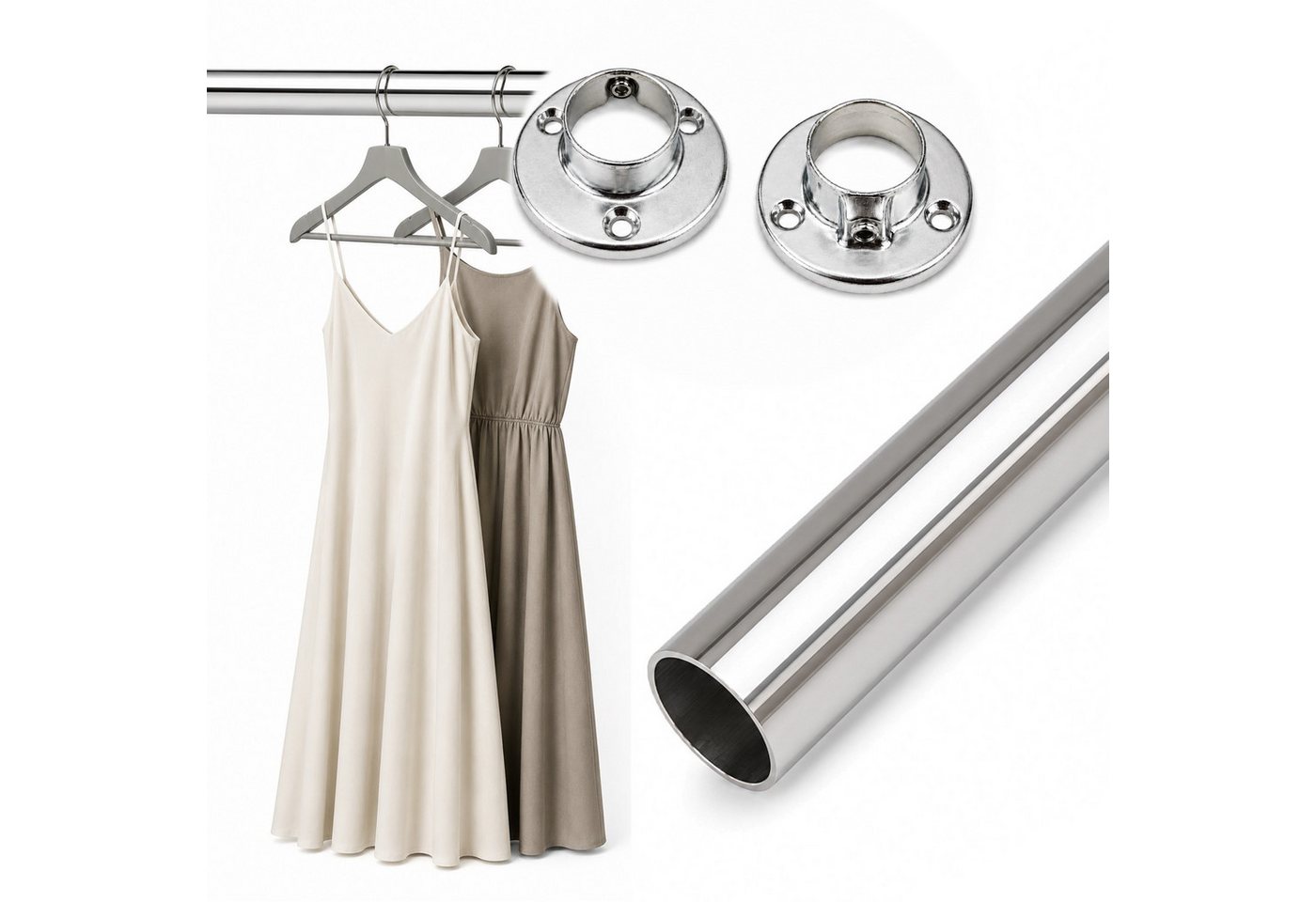 HOOZ Kleiderstange Schrankrohr Rund Ø 24 mm Stahl inkl. Halter Silber 1er Set 80cm (Set, 1 St., 1 Garderobenstange inkl. 2 Halter), Innensechskant-Madenschraube zur sicheren Rohrfixierung
