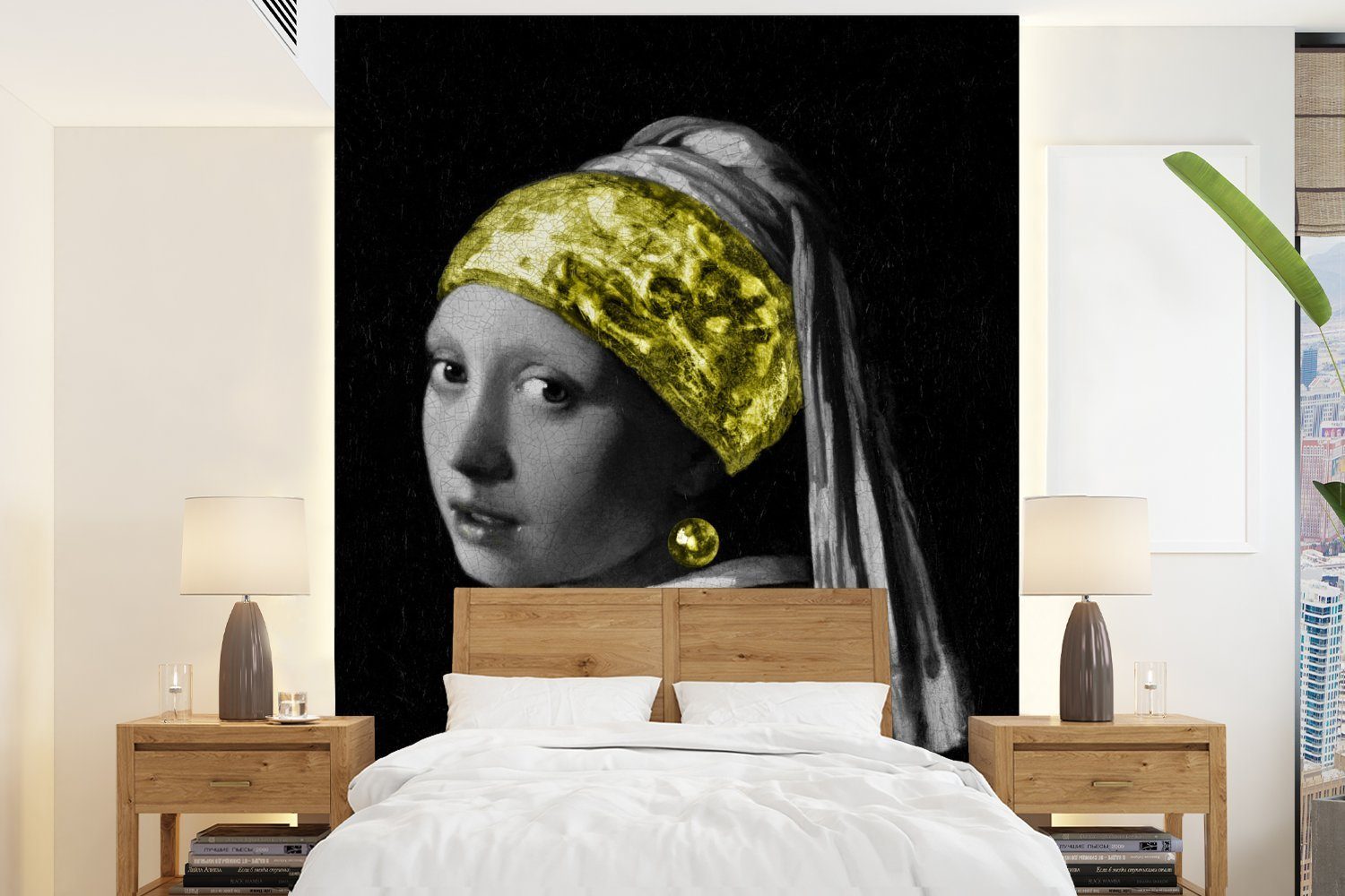 MuchoWow Fototapete Mädchen mit Perlenohrring - Gold - Schwarz, Matt, bedruckt, (4 St), Montagefertig Vinyl Tapete für Wohnzimmer, Wandtapete