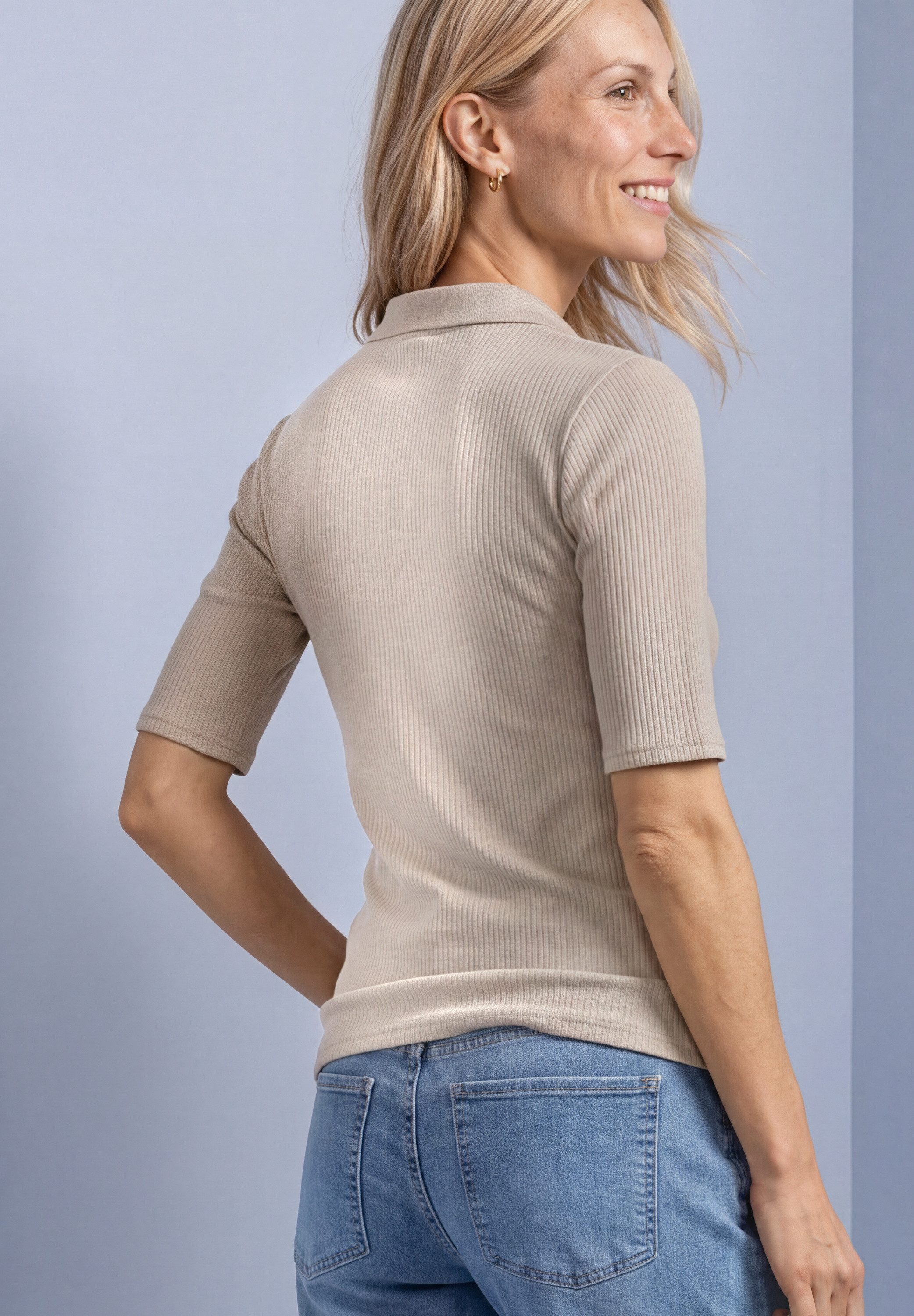STREET ONE Poloshirt Sommershirt im Strick-Look mit Rippstruktur