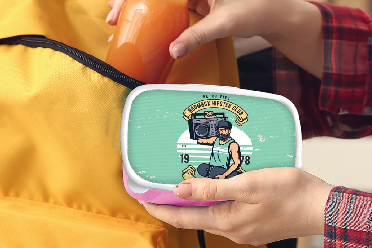 MuchoWow Lunchbox Mancave - Brotdose Altmodisch, Kinder, Brotbox Kunststoff, Skateboard Snackbox, für Kunststoff (2-tlg), rosa Erwachsene, Mädchen, - - Radio