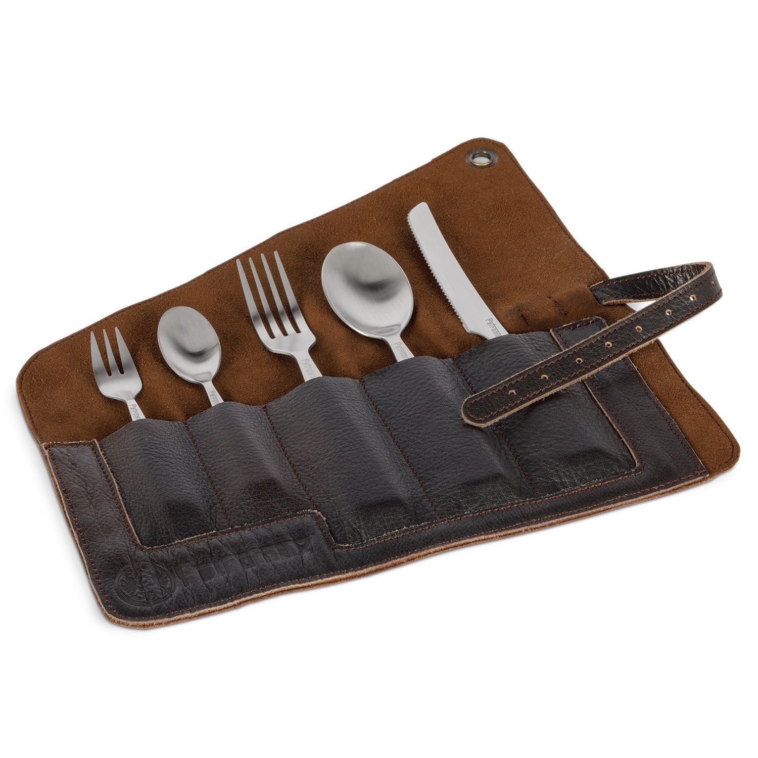 Petromax Besteck-Set Edelestahl-Besteck-Set mit Leder Bestecktasche 6 teilig (6-tlg), Outdoor-Reise-Camping-Urlaub