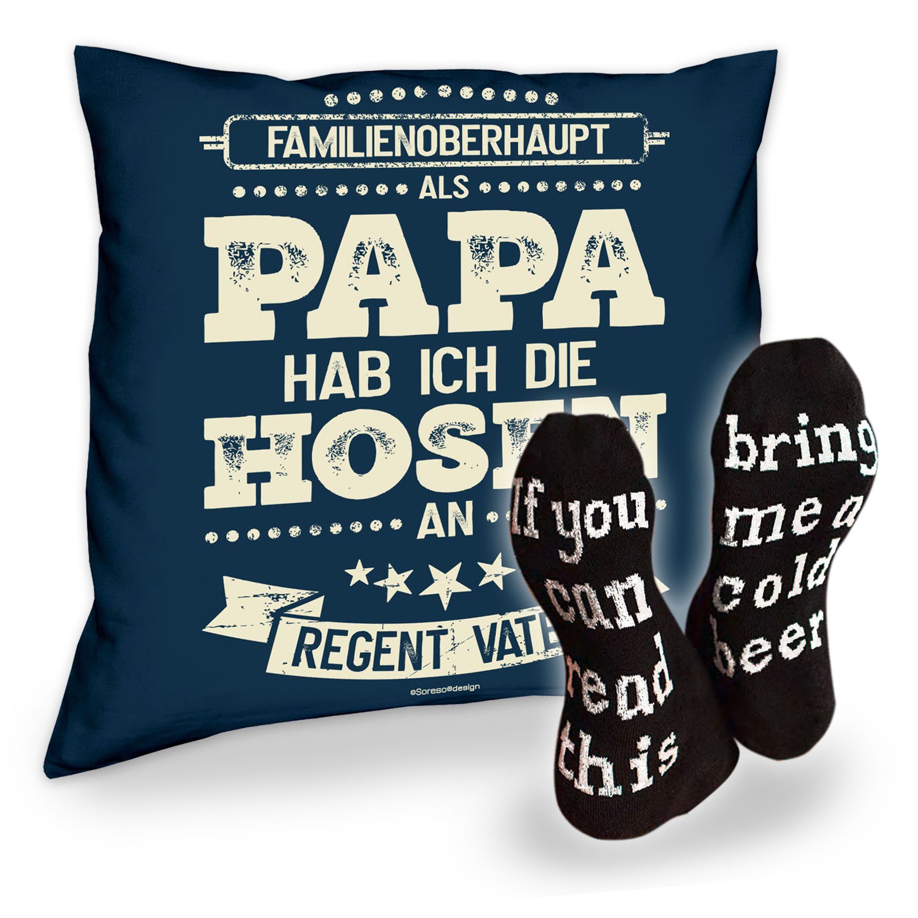 Soreso® Dekokissen Kissen Als Papa hab ich die Hosen an und Socken mit Bier Spruch, Geschenk Geburtstagsgeschenk navy-blau