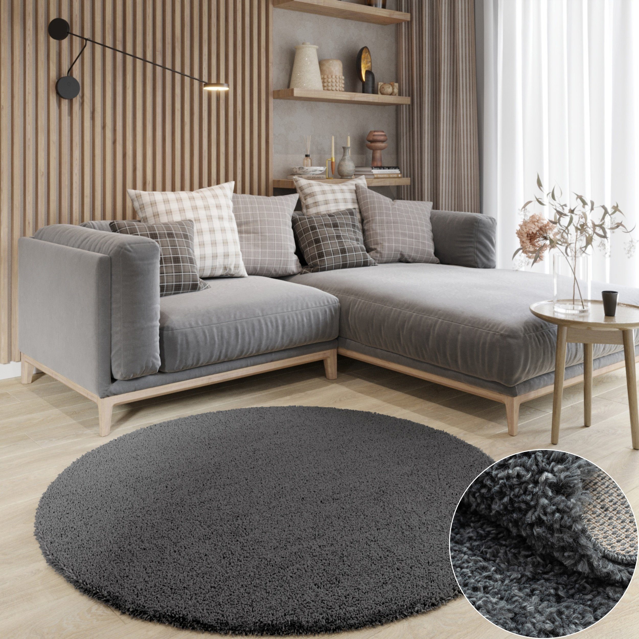 Wohnando Teppich MY-RUG Hochflorteppich Shaggy Star 120x120cm, rund, Höhe: 38 mm, einfarbig, leicht glänzend, extra flauschig