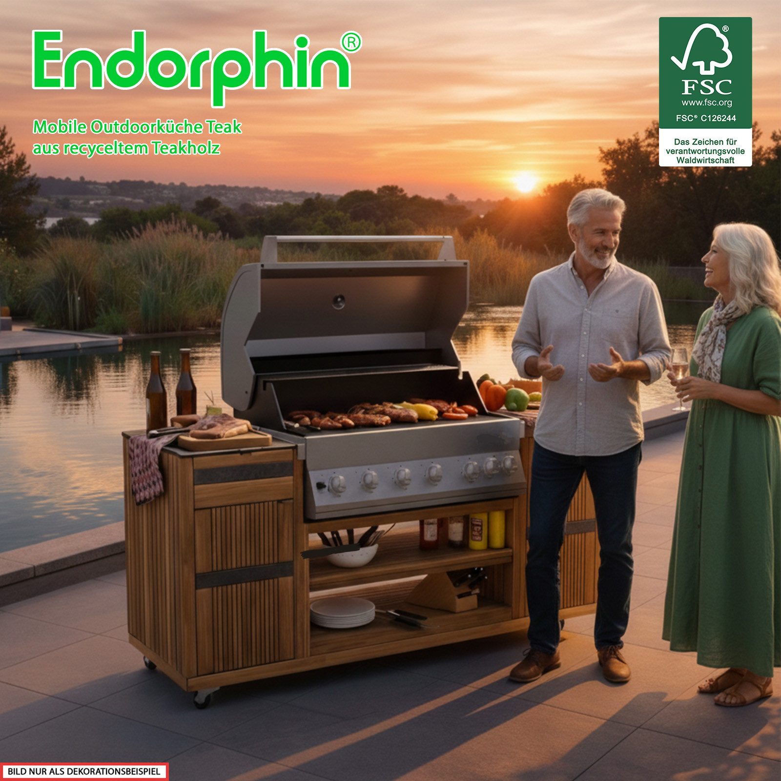 Endorphin Outdoor-Küche Outdoorküche Teak inkl. Merlin 641 Built- in Gasgrill silber