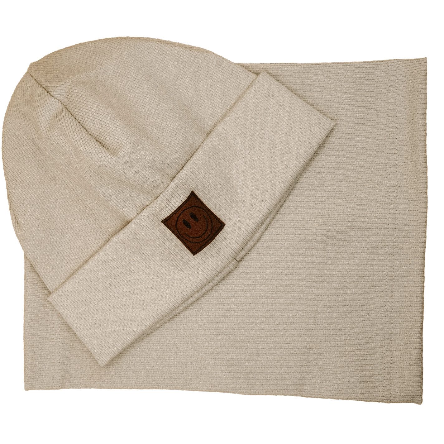 Blätterschming Beanie Mütze Gerippt mit Loop Schal – Motiv Smile Babymütze Gerippte Beanie mit Loop Schal und Smile-Patch