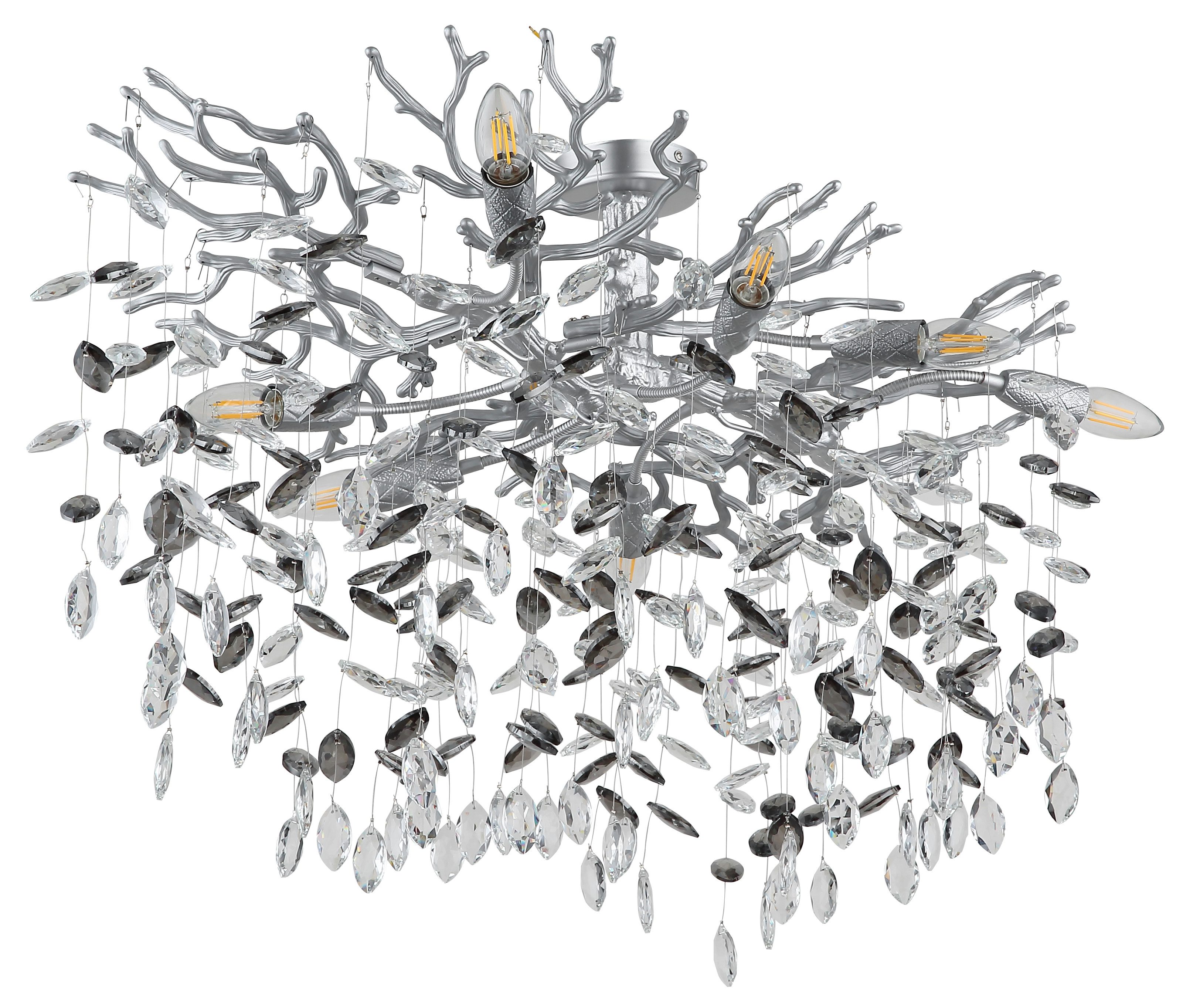 GLOBO LIGHTING Deckenleuchte QUEENA, ohne Leuchtmittel, Deckenleuchte Silber, Glaskristalle Rauch/Klar, Flexo, E14