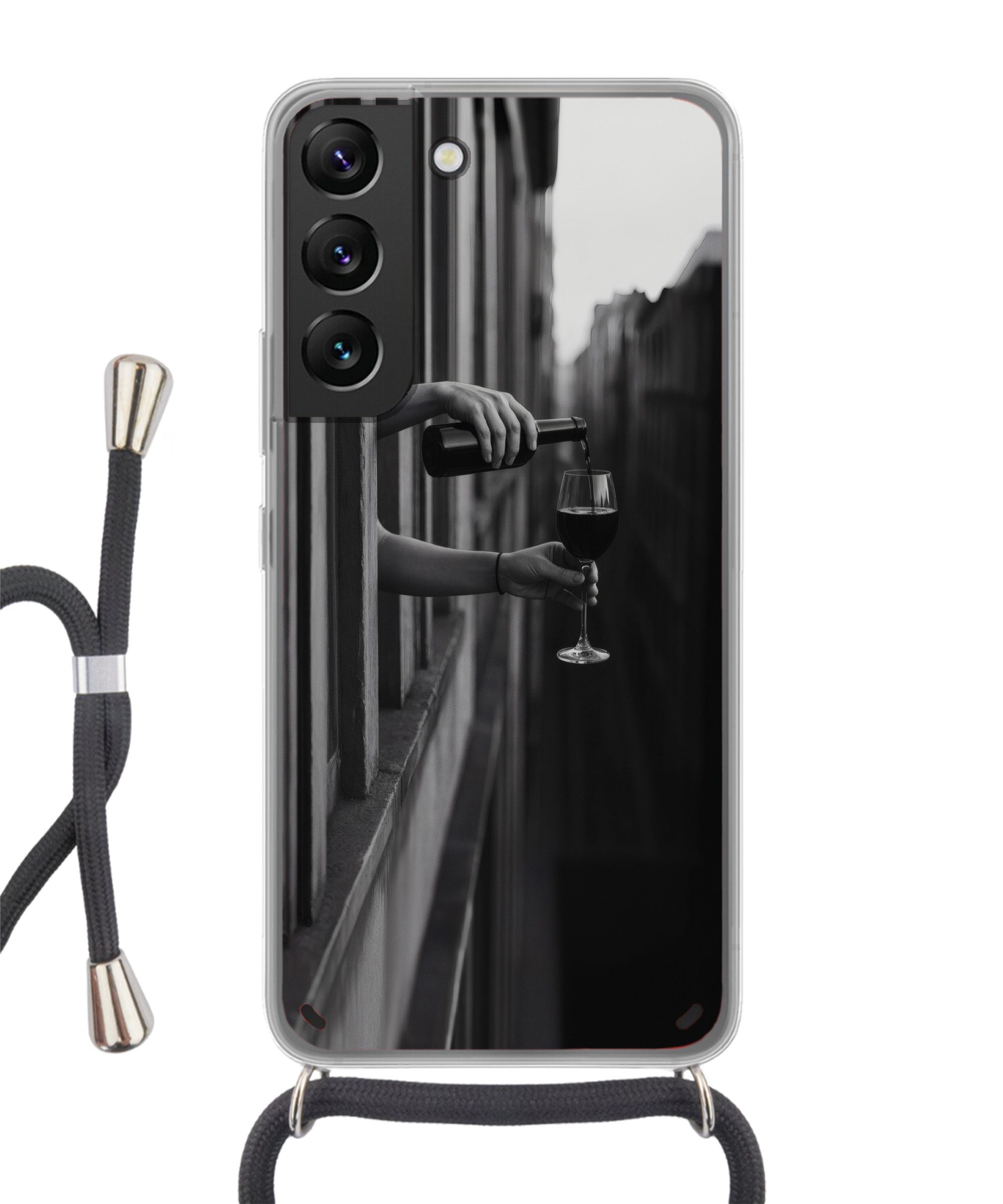 MuchoWow Handyhülle für Samsung Galaxy S22 Weinflasche - Glas - Hände - Fenster, Tragbare Handyhüllen mit Kette zum umhängen, Handykette Handyband