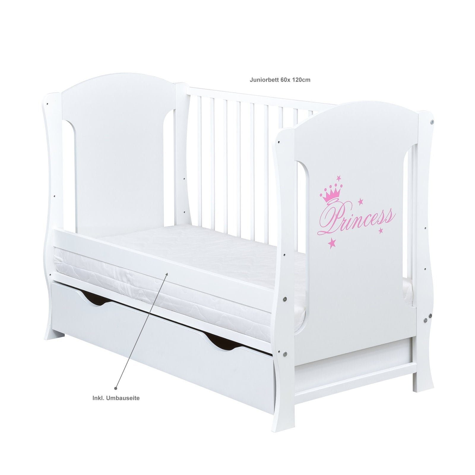 Baby-Delux Babybett Lia Princess, Kinderbett 60x120 cm weiß Schublade Kiefer Princess Motiv Matratze