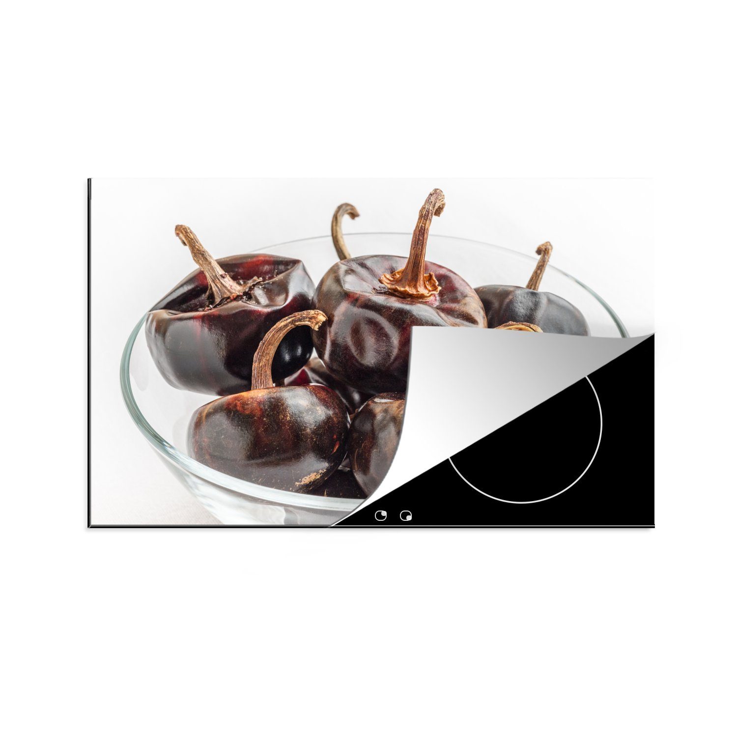 MuchoWow Herdblende-/Abdeckplatte Getrocknete Cascabel-Chili-Schoten in einer Glasschale, Vinyl, (1 tlg), 81x52 cm, Induktionskochfeld Schutz für die küche, Ceranfeldabdeckung