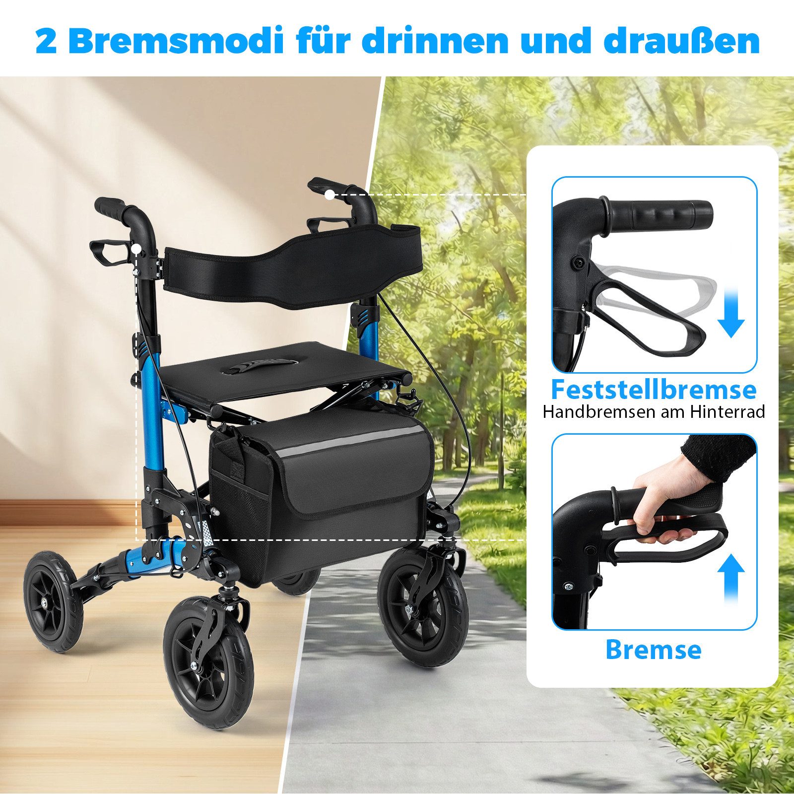 COSTWAY Rollator, Faltbar und leicht mit Sitz, Tasche & Stockhalter, bis 136 kg