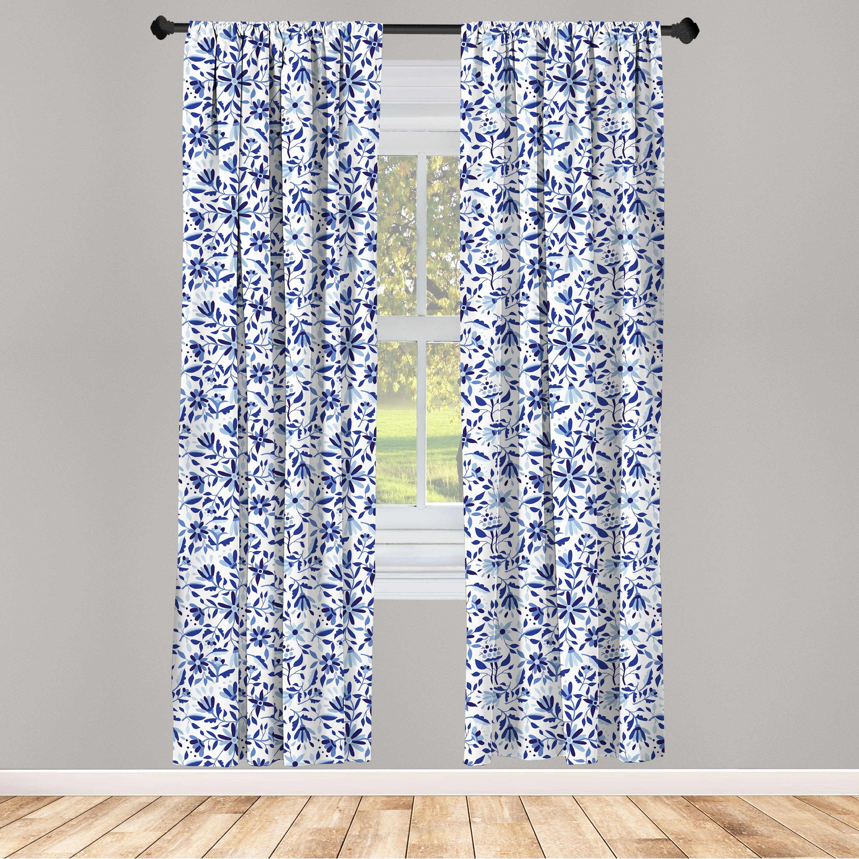 Gardine Vorhang für Wohnzimmer Schlafzimmer Dekor, Abakuhaus, Microfaser, Blau Moderne Blumen-Blatt-Knospen
