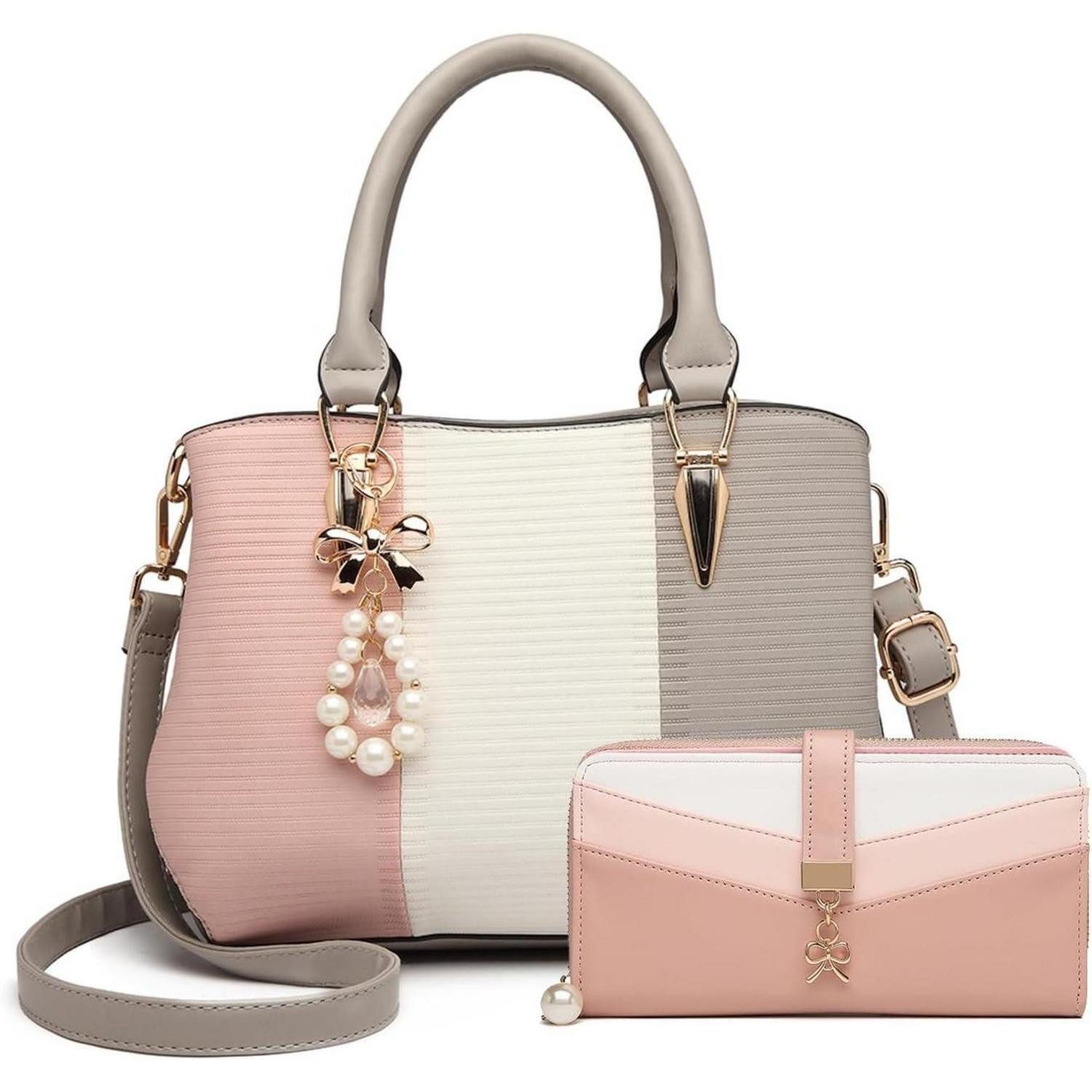 LuxusKollektion Henkeltasche Handtasche Henkeltasche Damen PU Leder Perle Grau Geldbörse Set