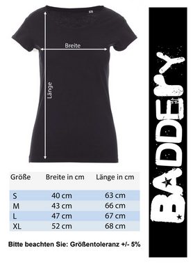 Baddery Print-Shirt Damen T-Shirt : Glücklich steht dir - Funshirts für Frauen (Slim Fit), hochwertiger Siebdruck, aus Baumwolle