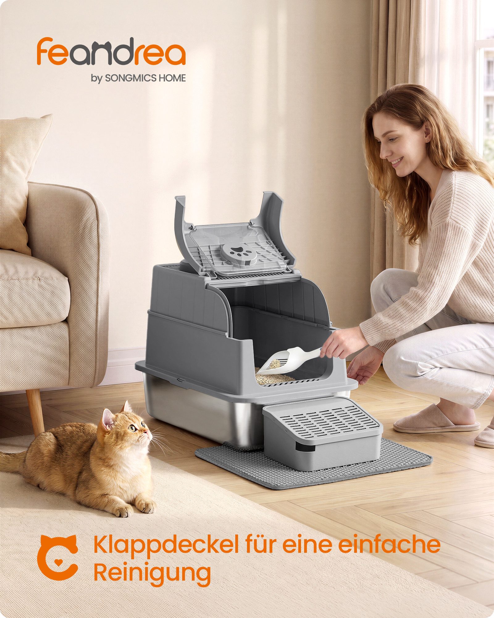 FEANDREA Katzentoilette mit Deckel,geschlossen, inklusive Schaufel und Bürste, für Katzen bis 15 kg