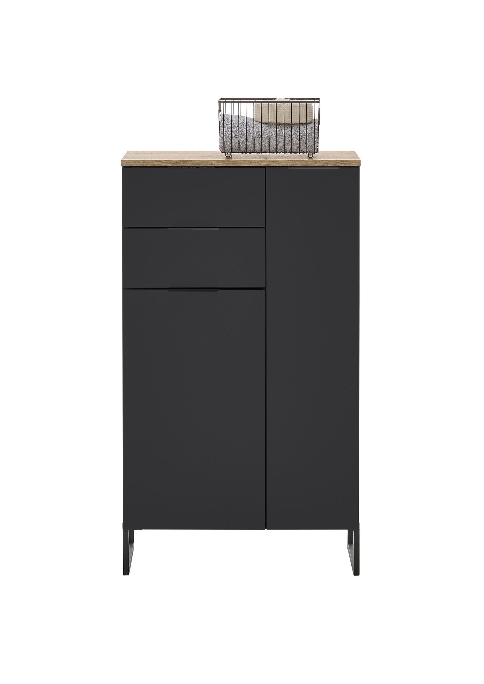 PREISBRECHER Badkommode Denver, 2 Türen/Schübe, schwarz / eiche Dekor - 60x106x32 (BxHxT)